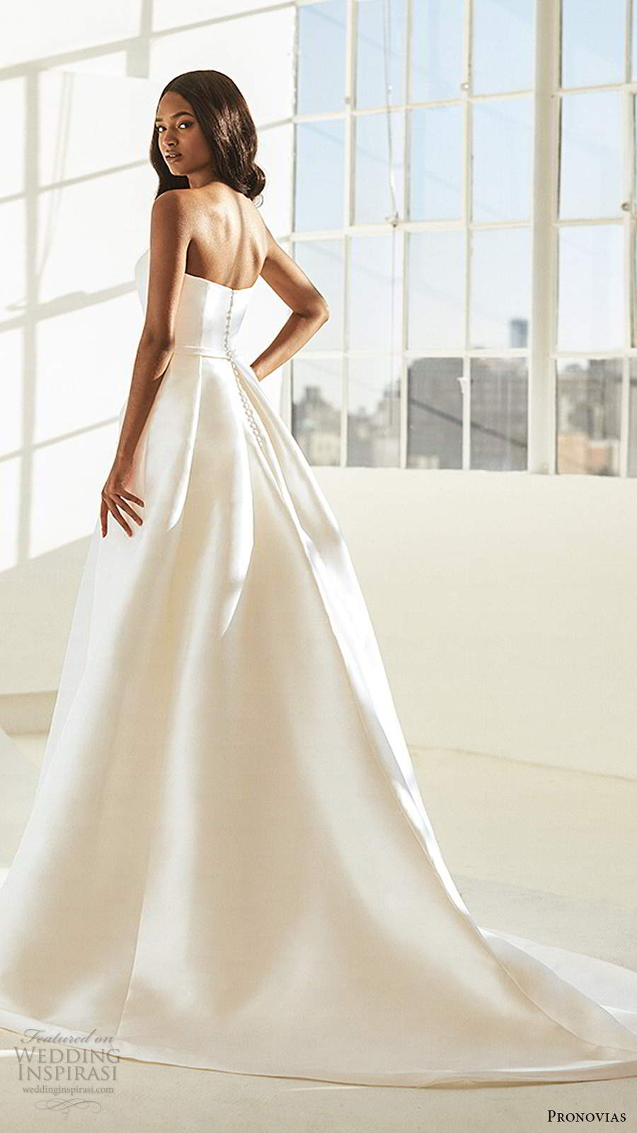 pronovias 2020 ashley graham x bridal strapless straight across neckline clean minimalist a line ball gown wedding dress chapel train (14) bv
