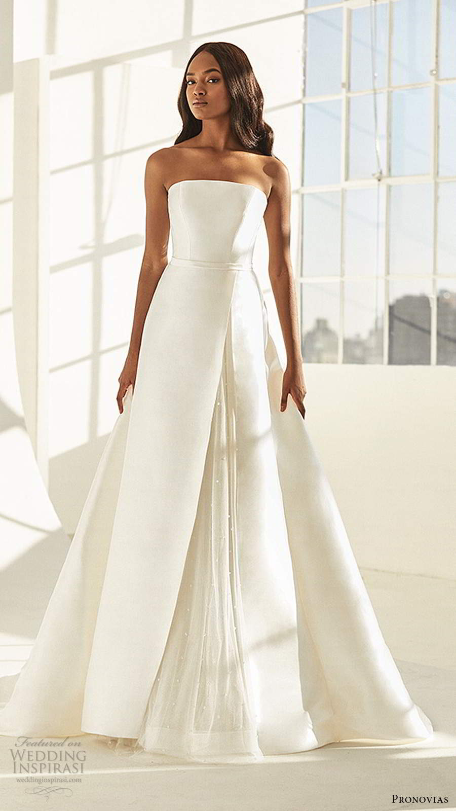 pronovias 2020 ashley graham x bridal strapless straight across neckline clean minimalist a line ball gown wedding dress chapel train (14) mv