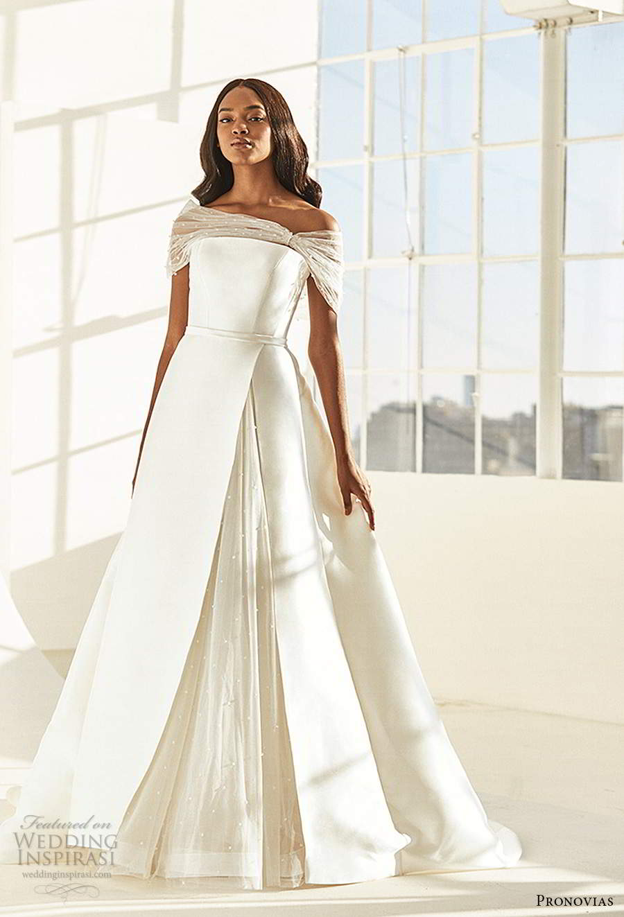 pronovias 2020 ashley graham x bridal strapless straight across neckline clean minimalist a line ball gown wedding dress chapel train shawl (14) mv