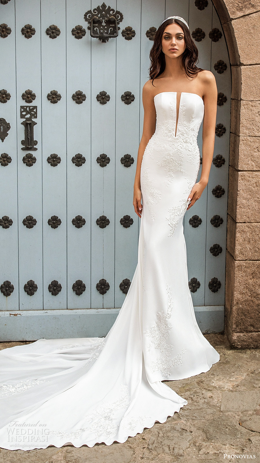 pronovias 2020 bridal strapless straight across split neckline embellished fit flare mermaird wedding dress chapel train (1) mv pronovias 2020 bridal strapless straight across split neckline embellished fit flare mermaird wedding dress chapel train (1) mv