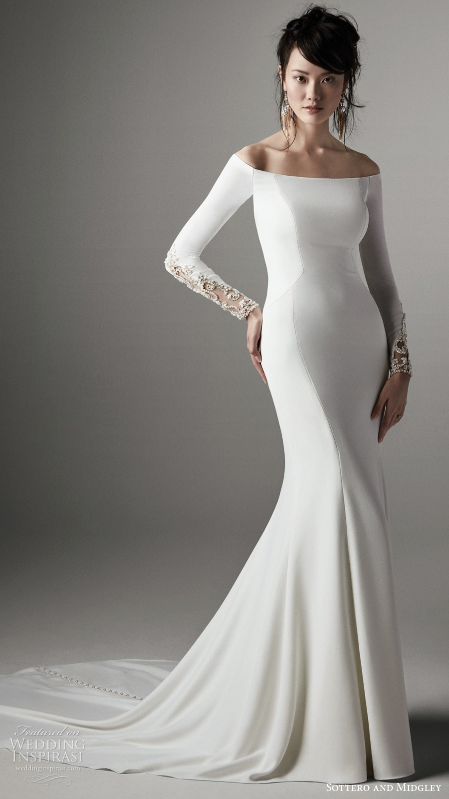 sottero and midgley 2020 long sleeve off shoulder clean sheath fit flare wedding dress (1) mv