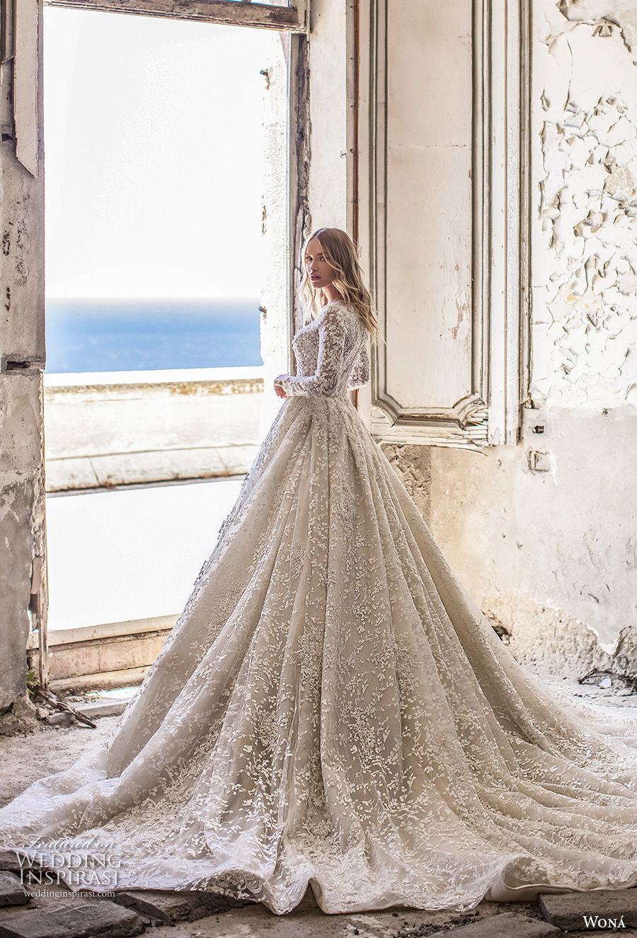 wona 2020 couture bridal long sleeves deep sweetheart neckline full embellishment glamorous princess ball gown a  line wedding dress covered back chapel train (3) bv