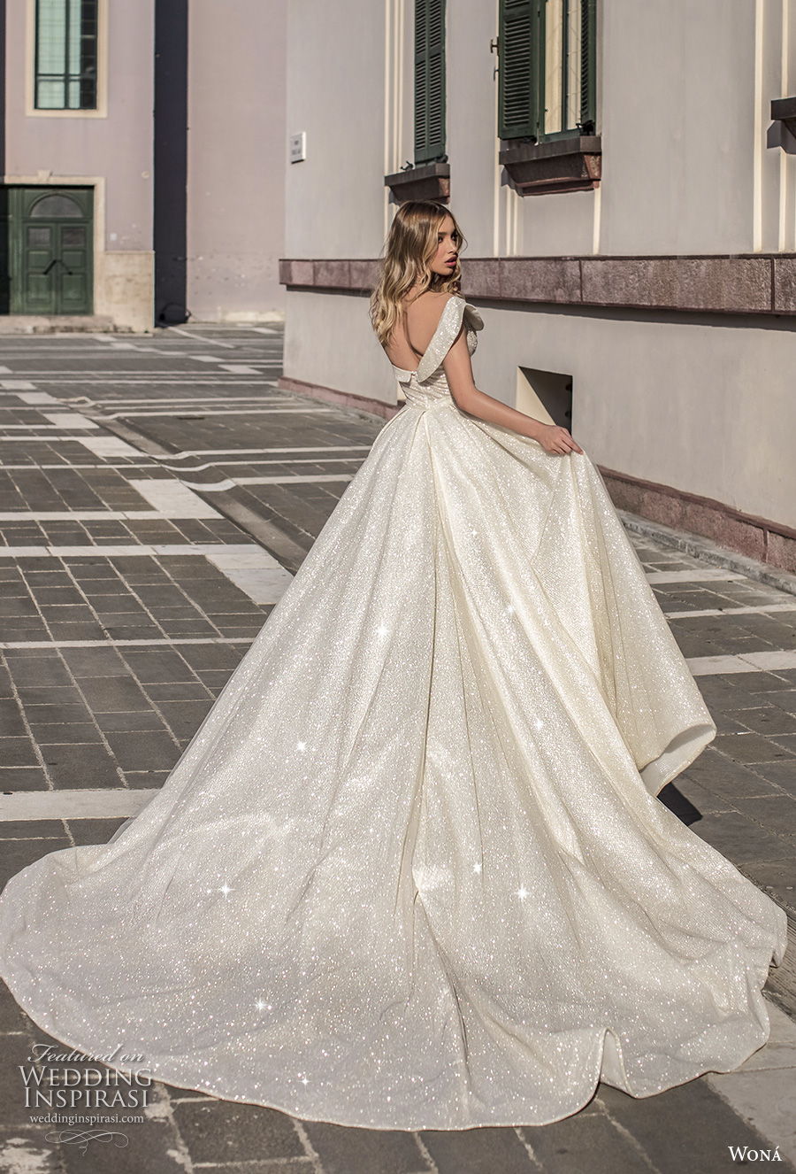 wona 2020 couture bridal one shoulder sweetheart neckline heavily embellished bodice slit skirt glamorous sheath wedding dress a  line overskirt backless chapel train (10) bv