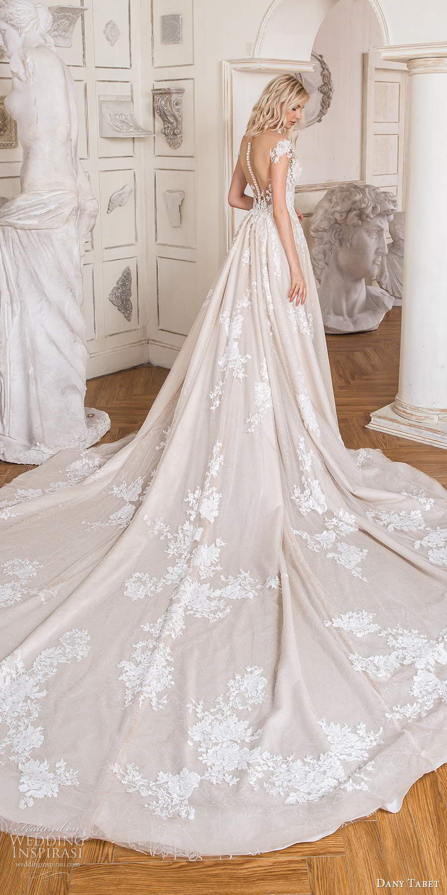 dany tabet 2020 bridal illusion cap sleeves plunging sweetheart neckline fully embellished a line ball gown wedding dress cathedral train (19) bv
