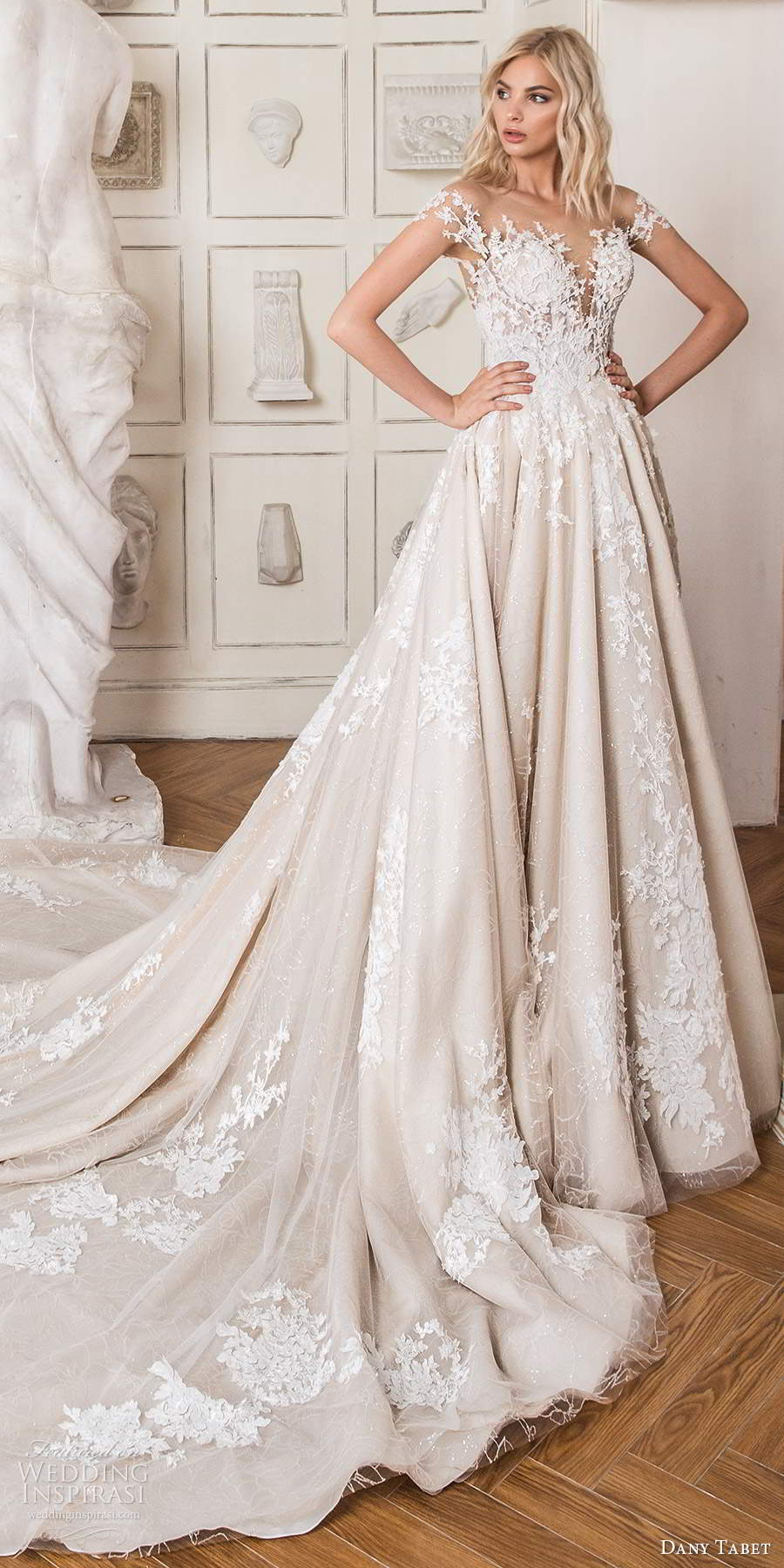 dany tabet 2020 bridal illusion cap sleeves plunging sweetheart neckline fully embellished a line ball gown wedding dress cathedral train (19) mv