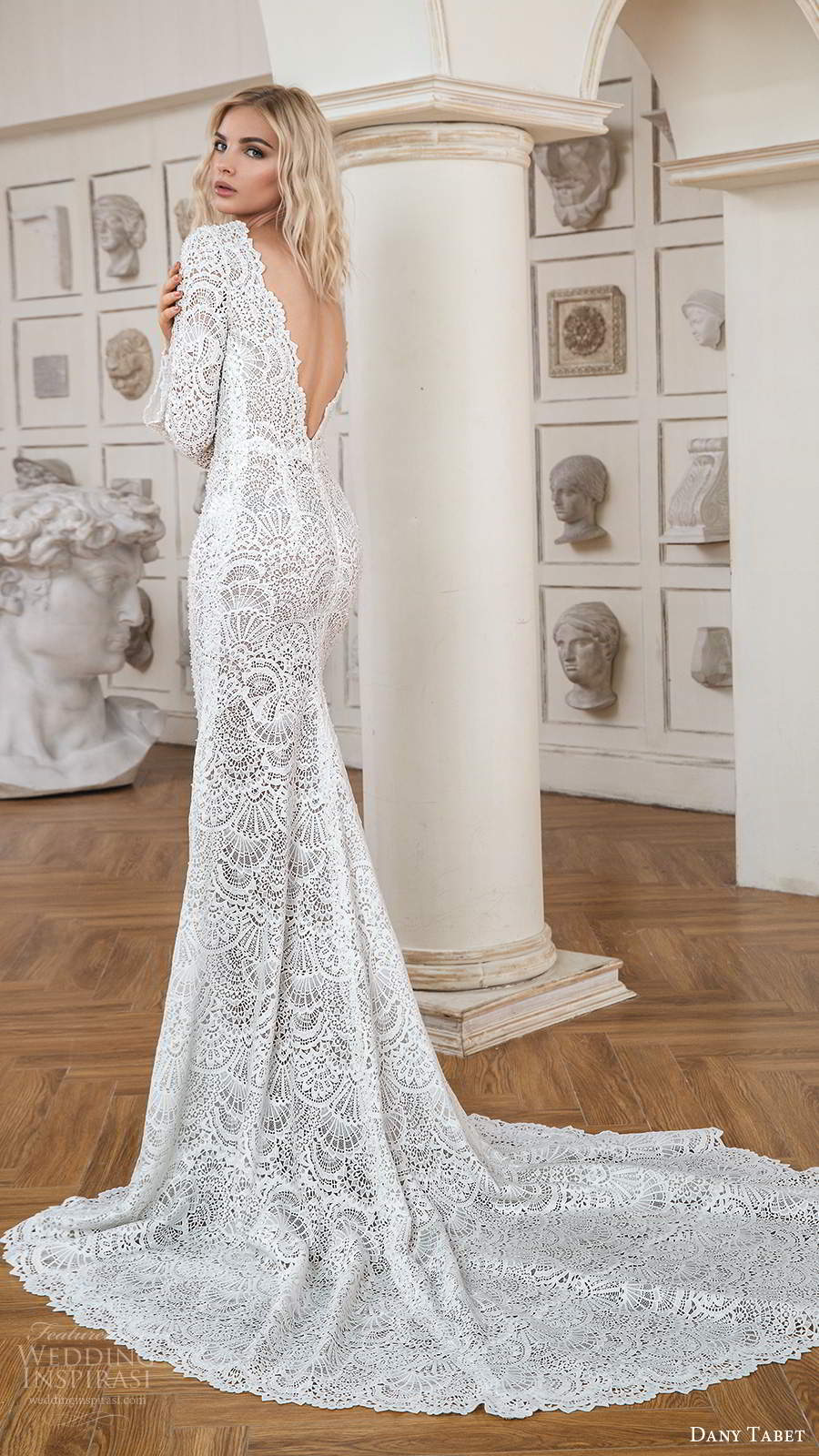dany tabet 2020 bridal long sleeves plunging v neckline fully embellished lace sheath wedding dress v back chapel train (7) bv