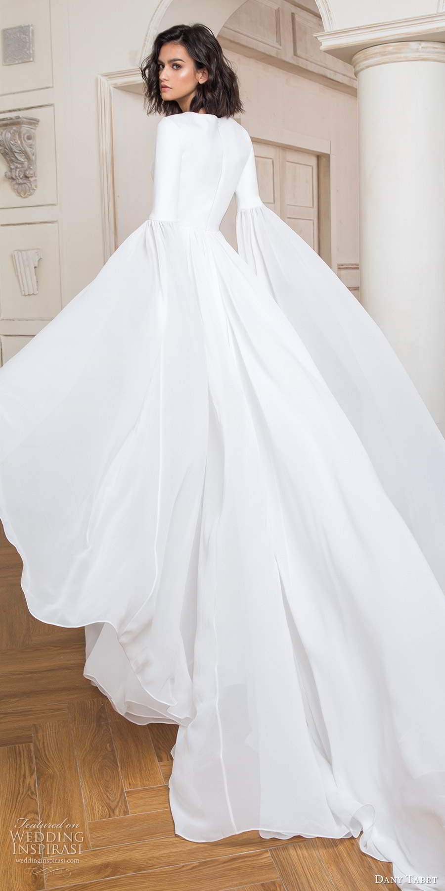 dany tabet 2020 bridal long split sleeves plunging v neckline minimalist clean a line ball gown wedding dress slit skirt chapel train (20) bv