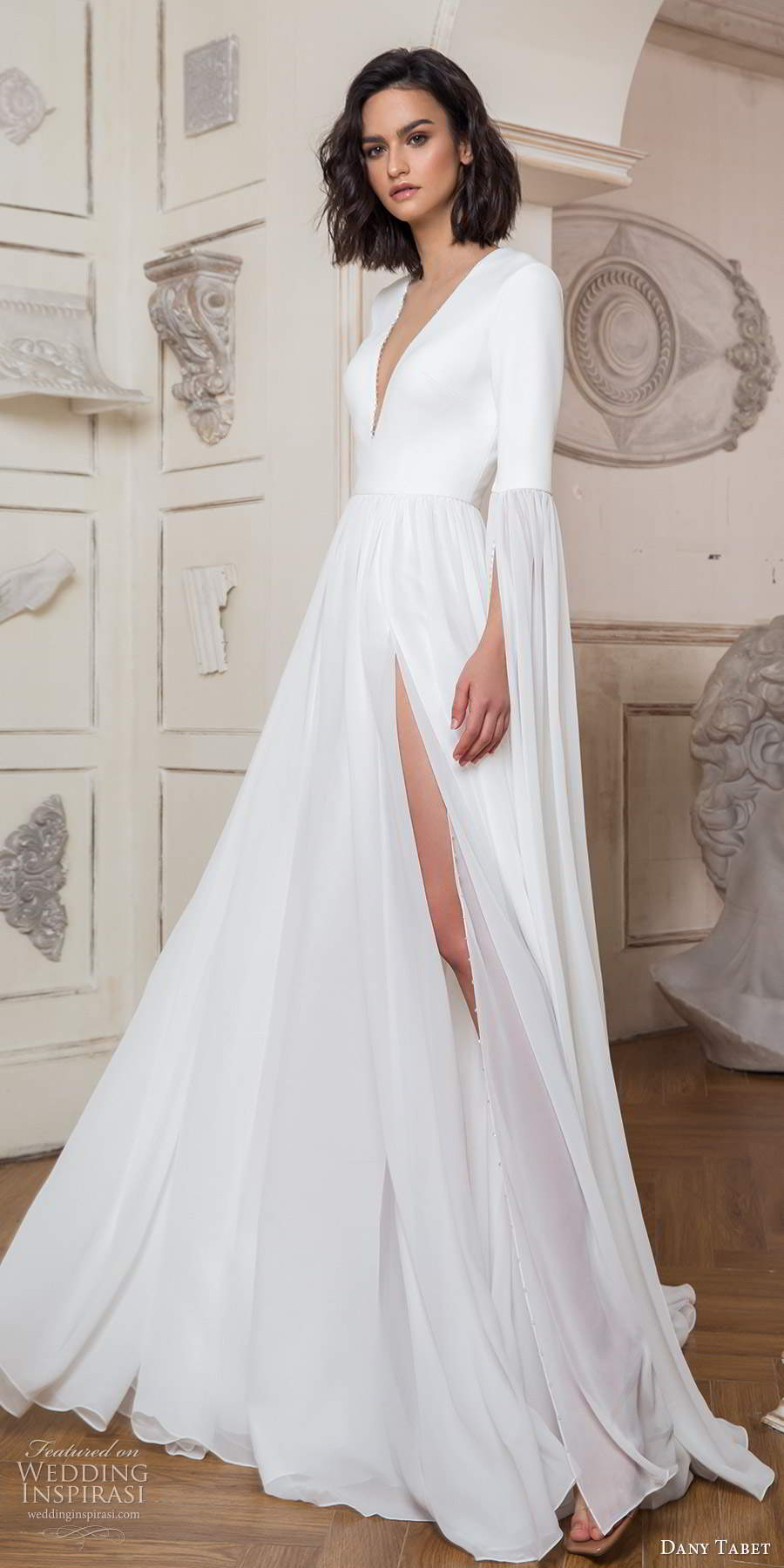 dany tabet 2020 bridal long split sleeves plunging v neckline minimalist clean a line ball gown wedding dress slit skirt chapel train (20) mv