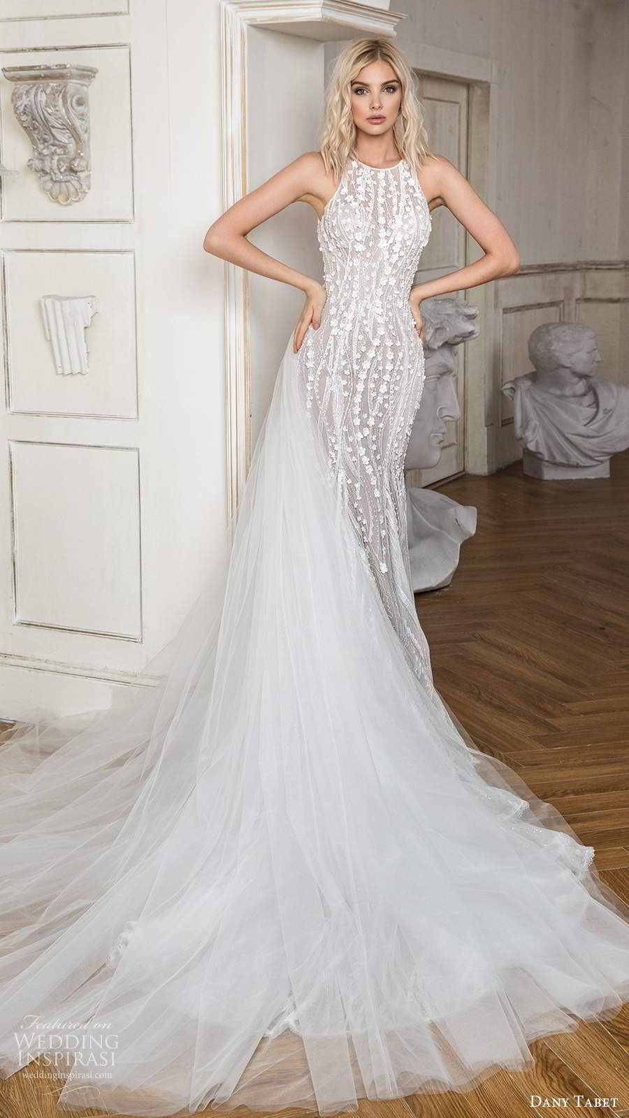 dany tabet 2020 bridal sleeveless halter jewel neckline fully embellished fit flare sheath wedding dress keyhole back chapel train overskirt (3) bv dany tabet 2020 bridal sleeveless halter jewel neckline fully embellished fit flare sheath wedding dress keyhole back chapel train overskirt (3) bv
