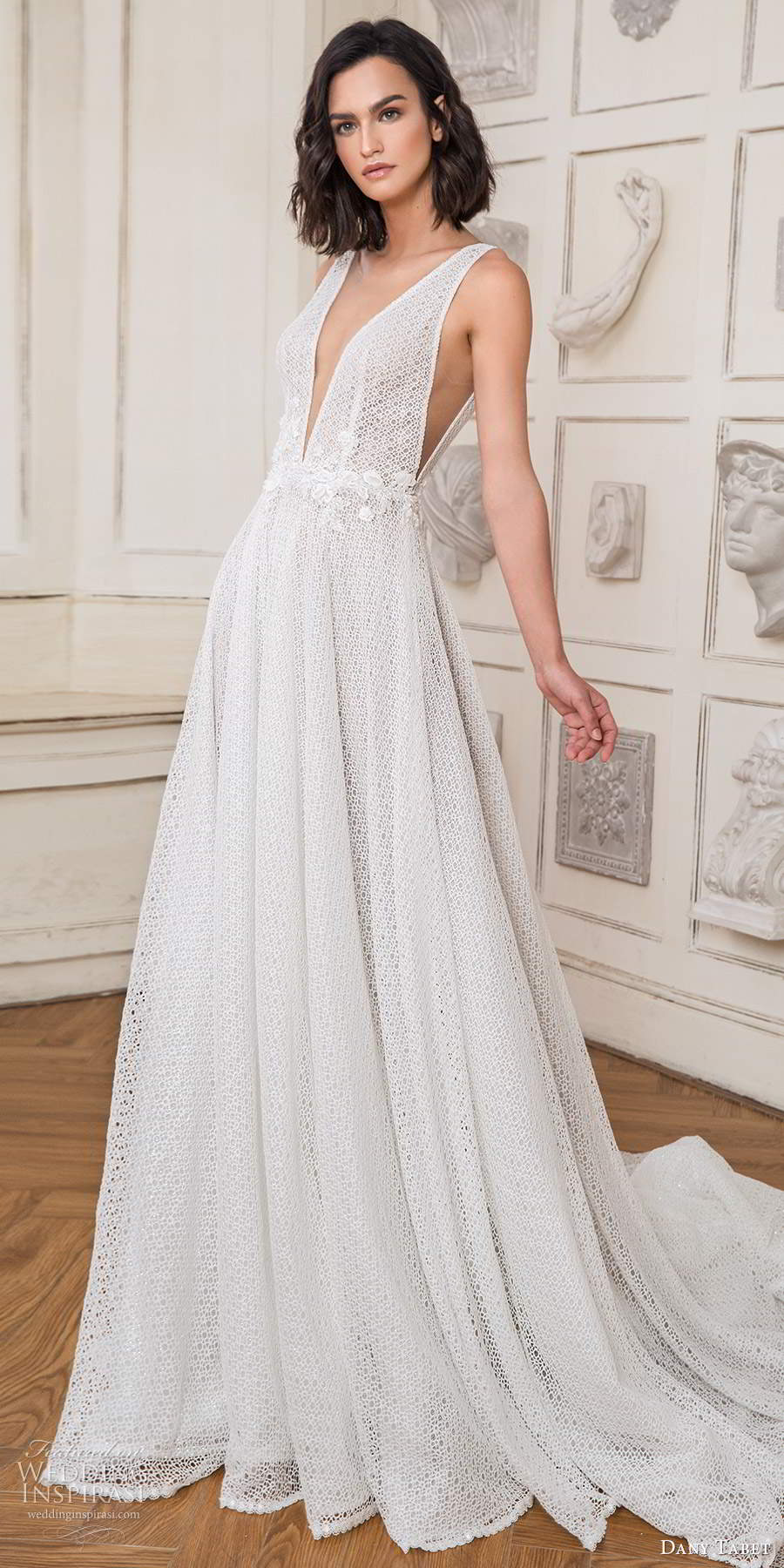 dany tabet 2020 bridal sleeveless straps plunging v neckline embellished a line ball gown wedding dress chapel train (21) mv