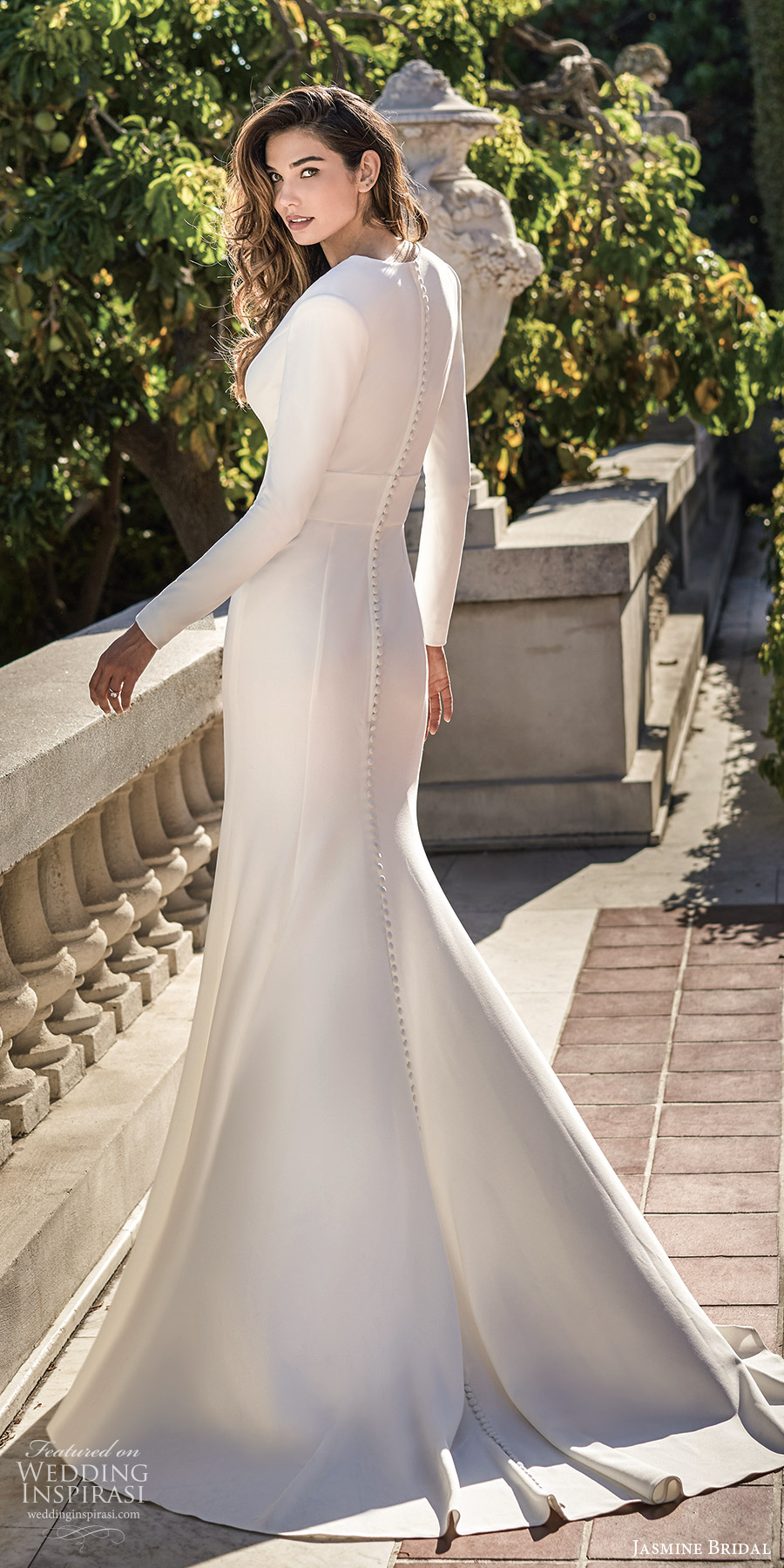 jasmine spring 2020 collection long sleeves plunging v neckline clean minimalist sheath wedding dress chapel train (15) bv