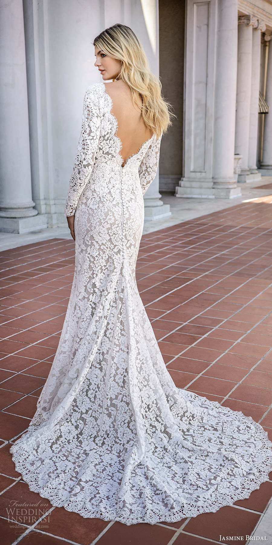 jasmine spring 2020 collection long sleeves scalloped v neckline fully embellished lace mermaid sheath wedding dress chapel train (5) bv