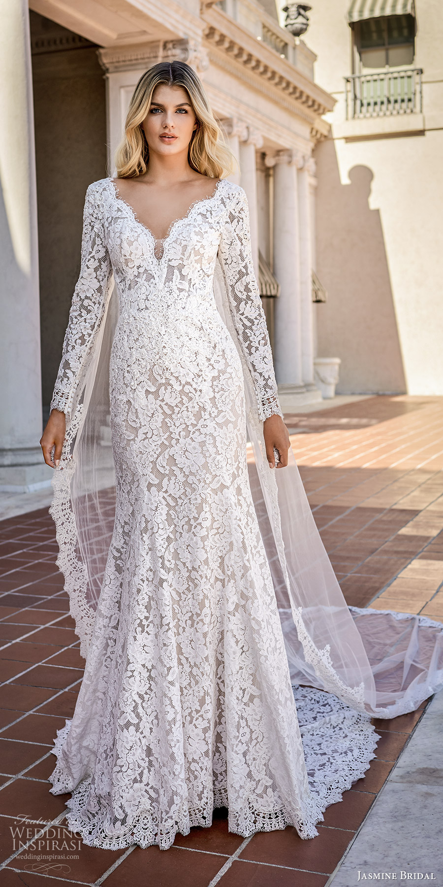 jasmine spring 2020 collection long sleeves scalloped v neckline fully embellished lace mermaid sheath wedding dress chapel train (5) mv