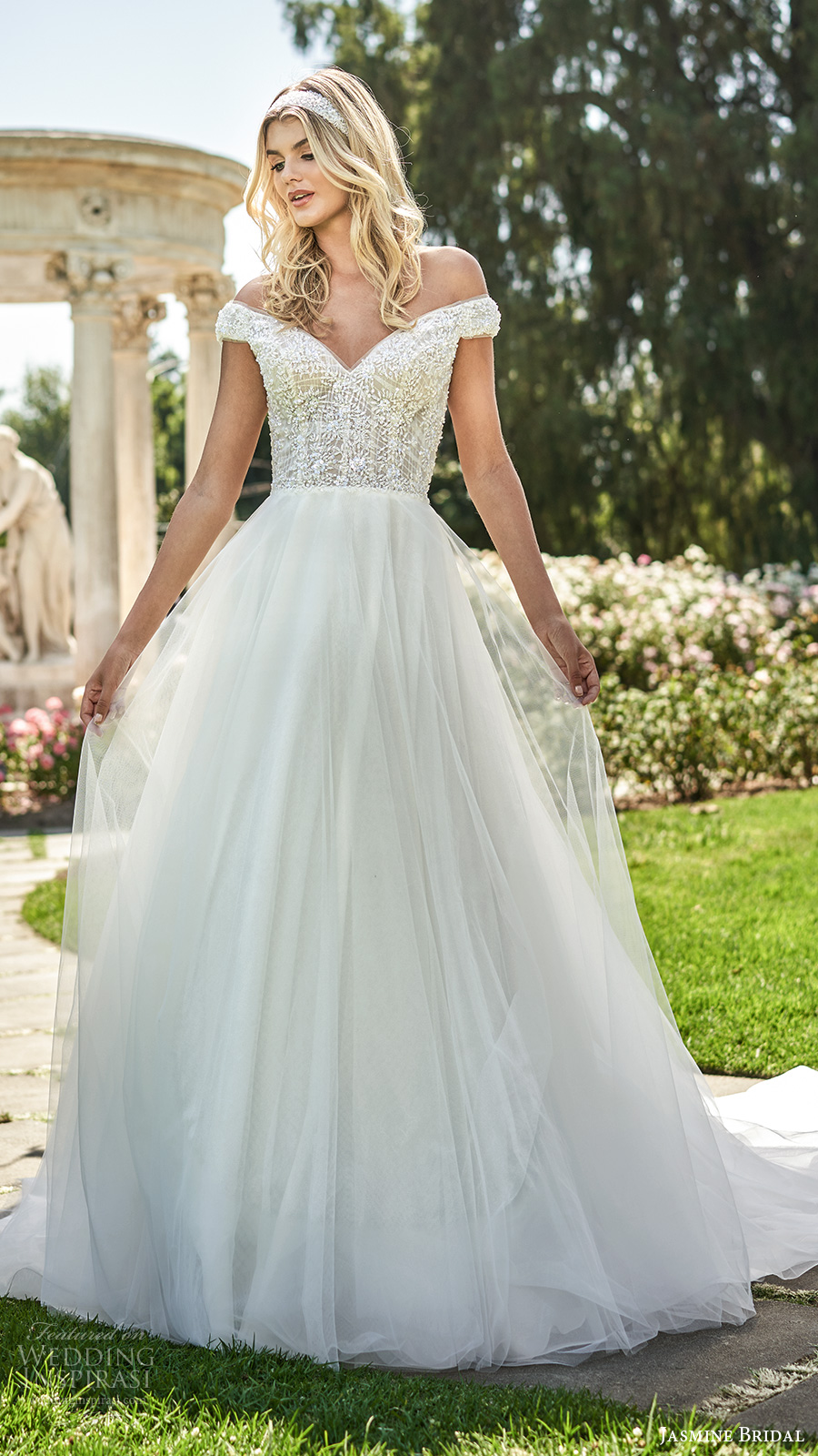 jasmine spring 2020 collection off shoulder straps sweetheart neckline embellished bodice a line ball gown wedding dress chapel train (17) mv