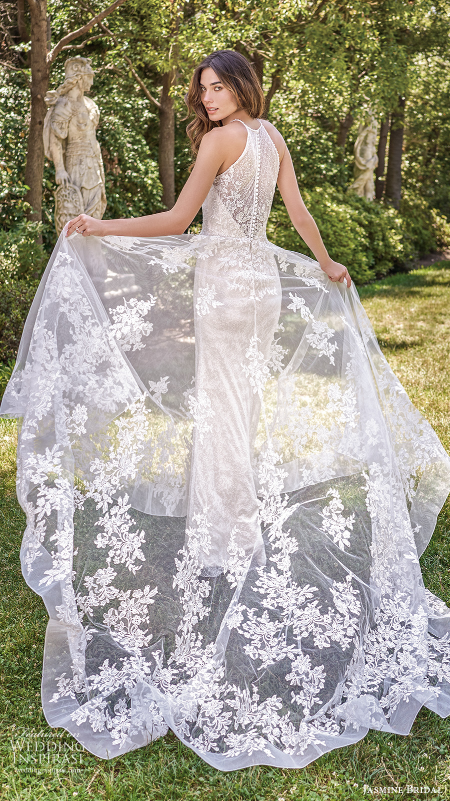 jasmine spring 2020 collection sleeveless halter neckline fully embellished lace sheath wedding dress sheer overskirt chapel train (7) bv