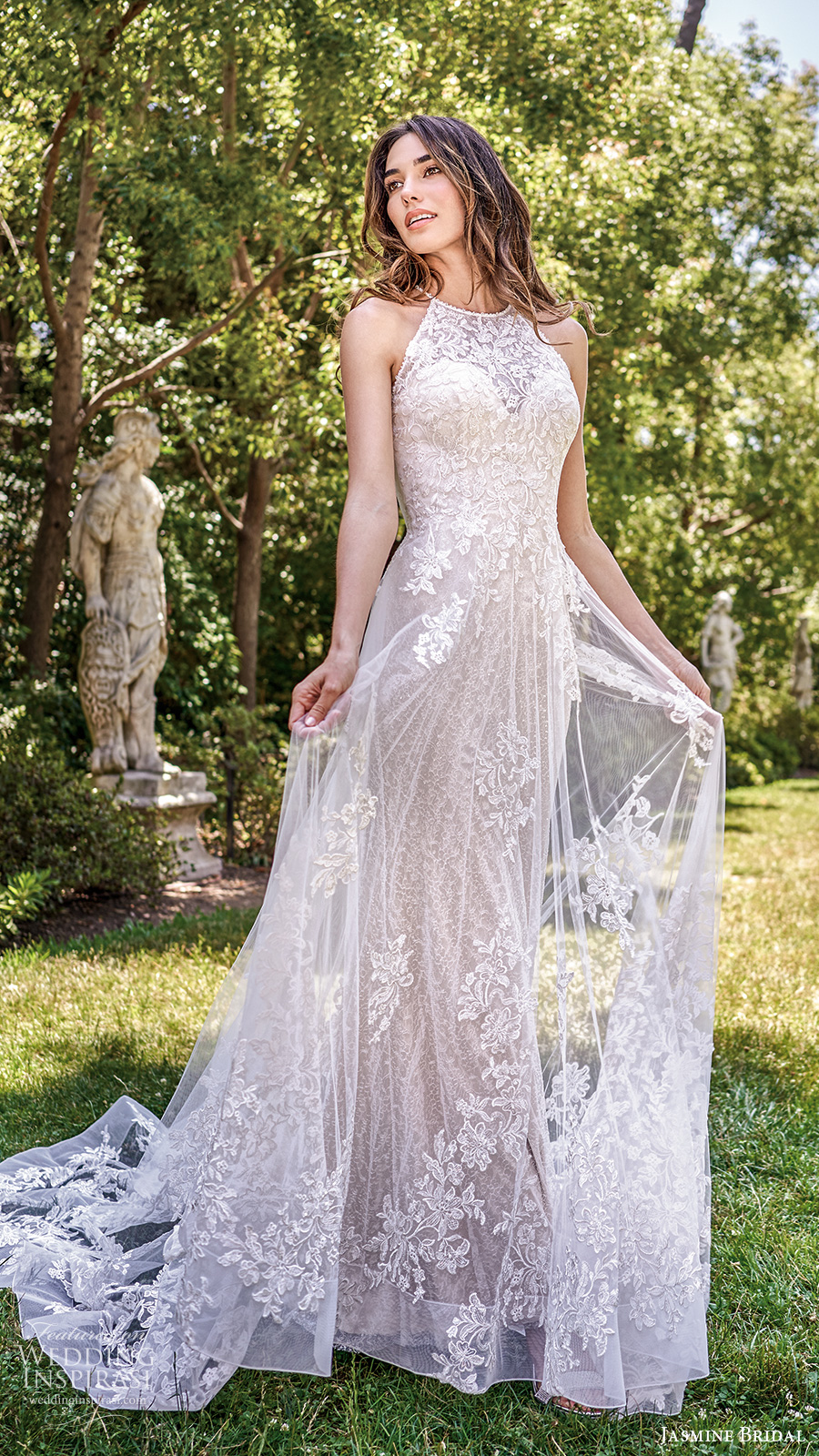 jasmine spring 2020 collection sleeveless halter neckline fully embellished lace sheath wedding dress sheer overskirt chapel train (7) mv