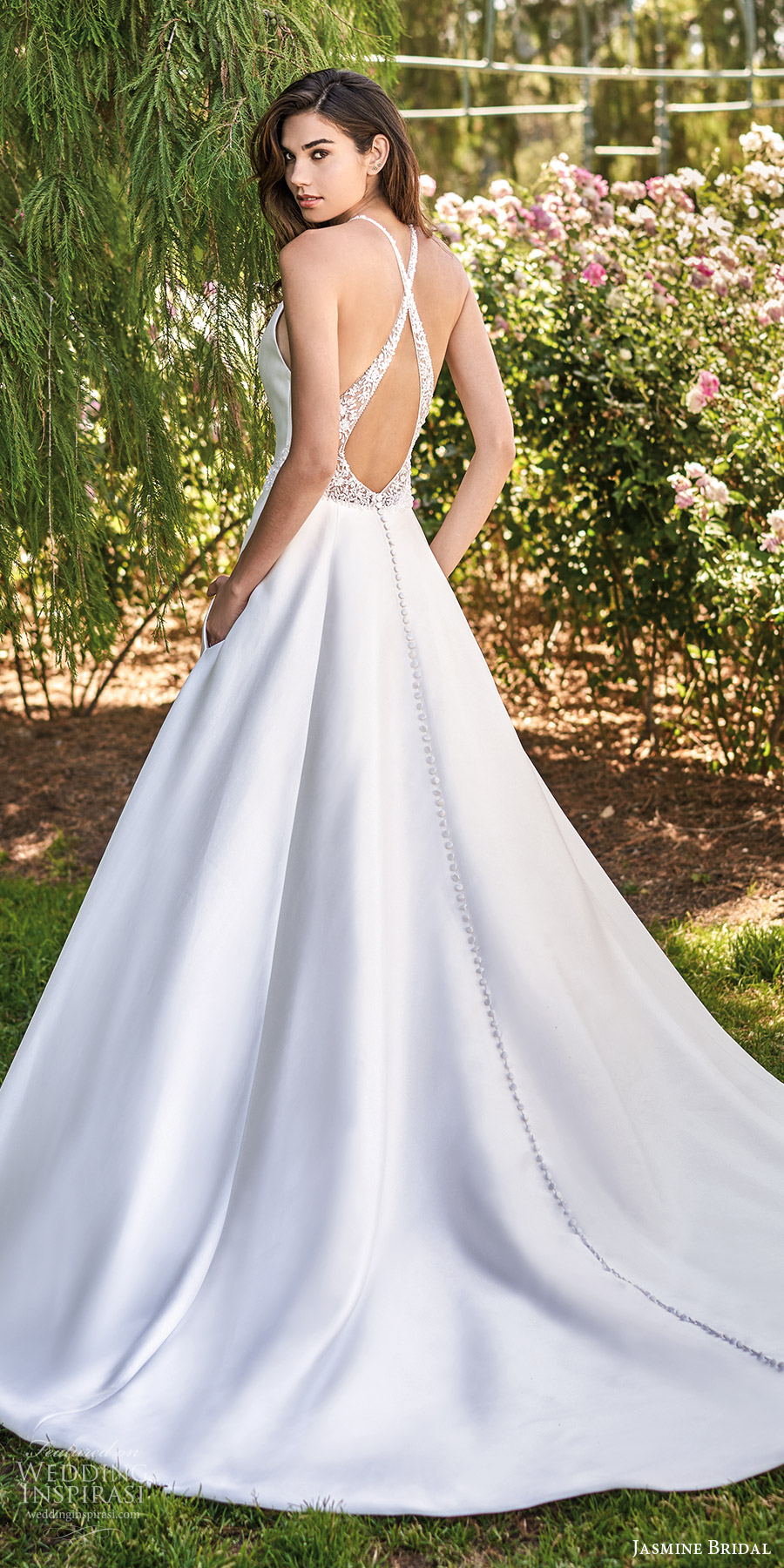 jasmine spring 2020 collection sleeveless halter split neckline clean minimalist a line ball gown wedding dress chapel train pocket (2) bv