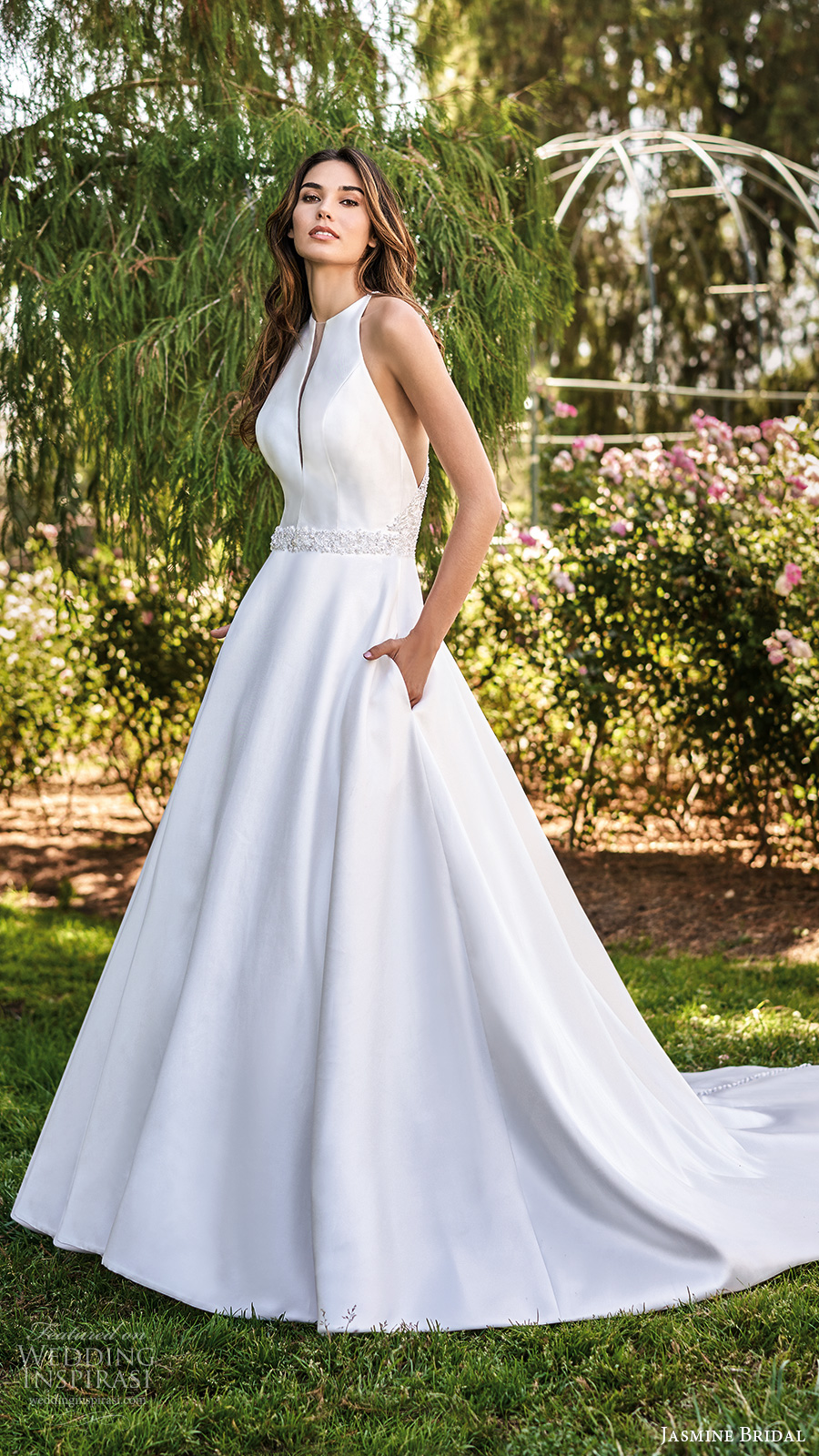 jasmine spring 2020 collection sleeveless halter split neckline clean minimalist a line ball gown wedding dress chapel train pocket (2) mv