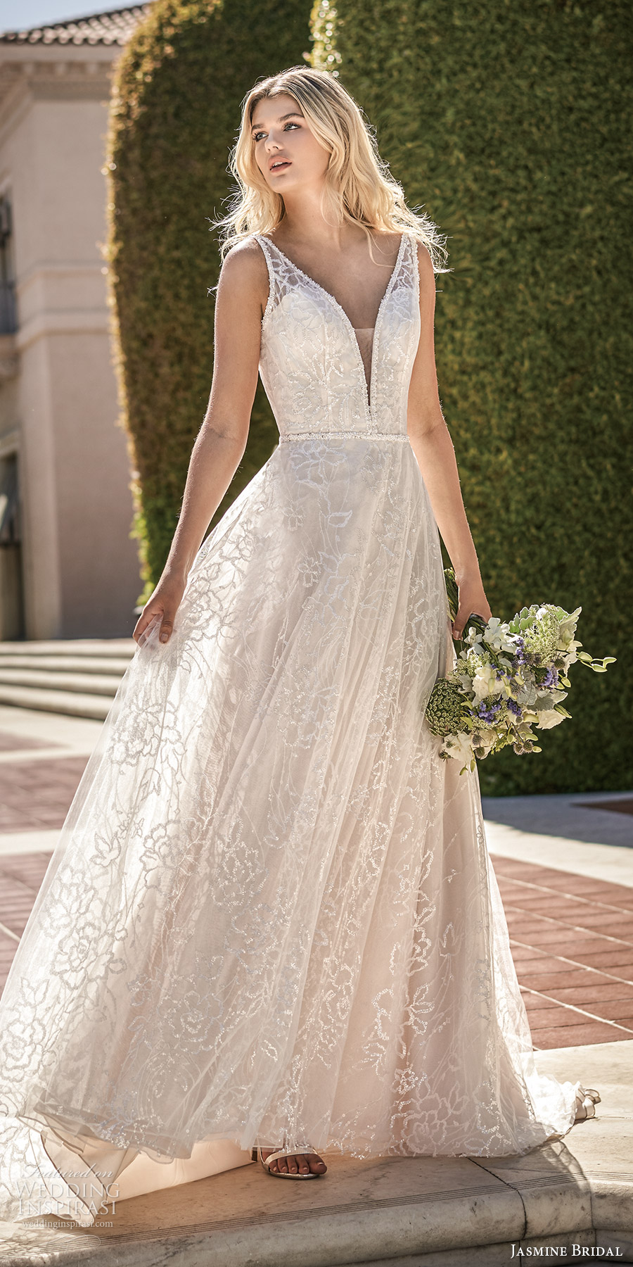 jasmine spring 2020 collection sleeveless straps plunging v necklnie fully embellished a line ball gown wedding dress chapel train (10) mv