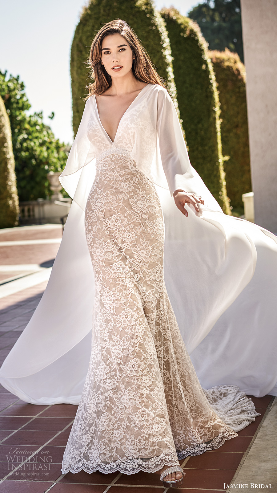 jasmine spring 2020 collection sleeveless straps v neckline embellished lace sheath fit flare mermaid wedding dress chapel train cape (13) mv