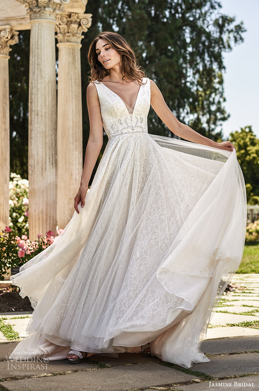 jasmine spring 2020 collection sleeveless thick straps plunging v neckline embellished a line ball gown wedding dress chapel train (4) mv