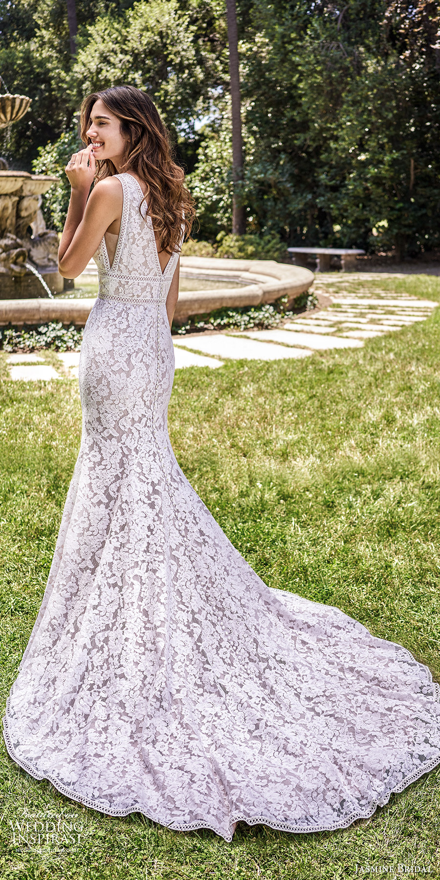 jasmine spring 2020 collection sleeveless thick straps plunging v neckline fully embellished lace fit flare mermaid wedding dress chapel train (3) bv