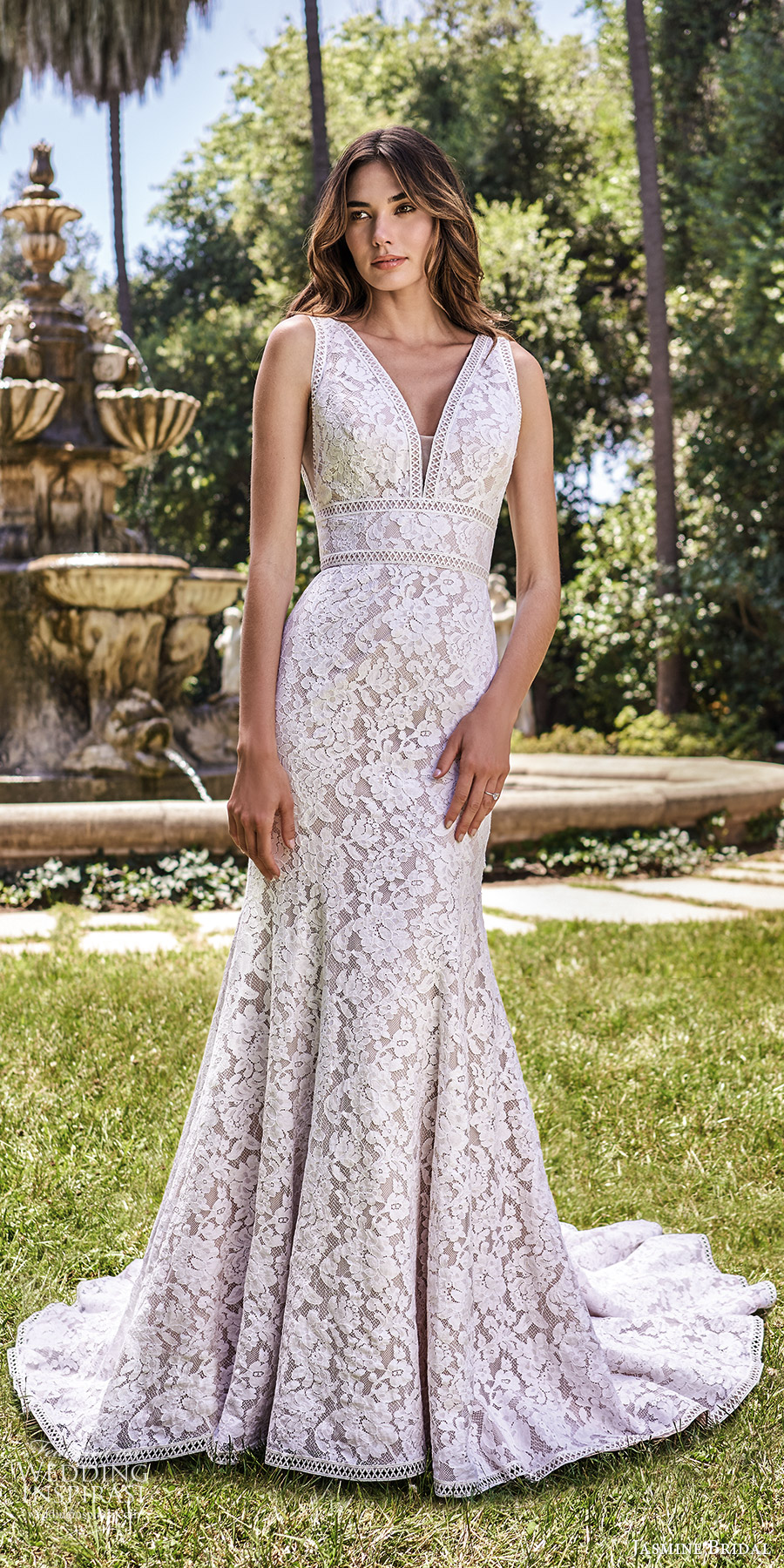 jasmine spring 2020 collection sleeveless thick straps plunging v neckline fully embellished lace fit flare mermaid wedding dress chapel train (3) mv
