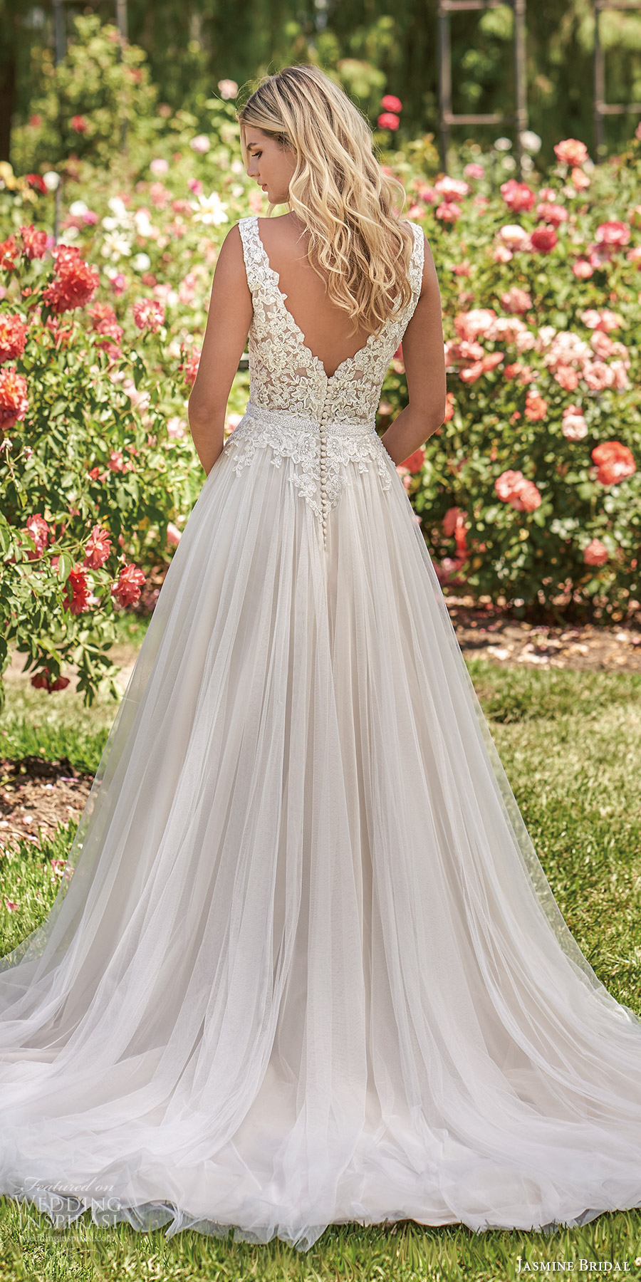 jasmine spring 2020 collection sleeveless thick straps v neckline embellished lace bodice a line ball gown wedding dress v back chapel train (6) bv