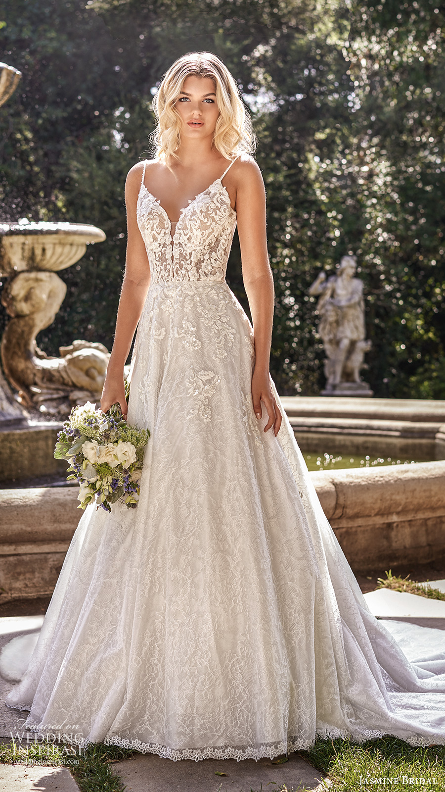 jasmine spring 2020 collection sleeveless thin straps plunging sweetheart neckline fully embellished a line ball gown wedding dress chapel train (8) mv
