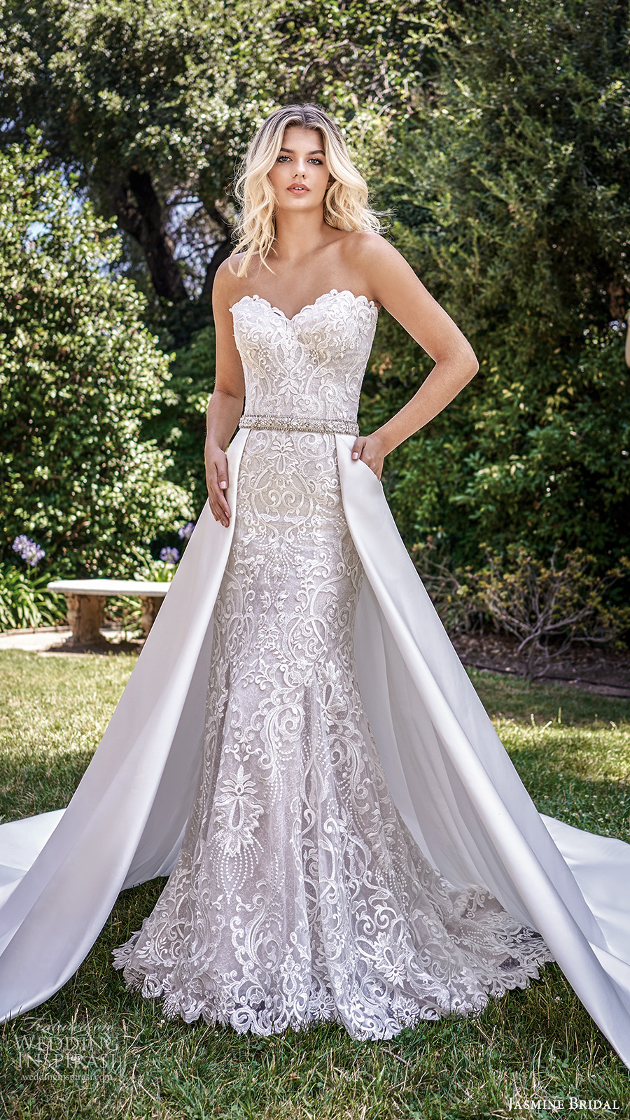 jasmine spring 2020 collection strapless sweetheart neckline fully embellished lace fit flare mermaid wedding dress aline overskirt chapel train (11) mv
