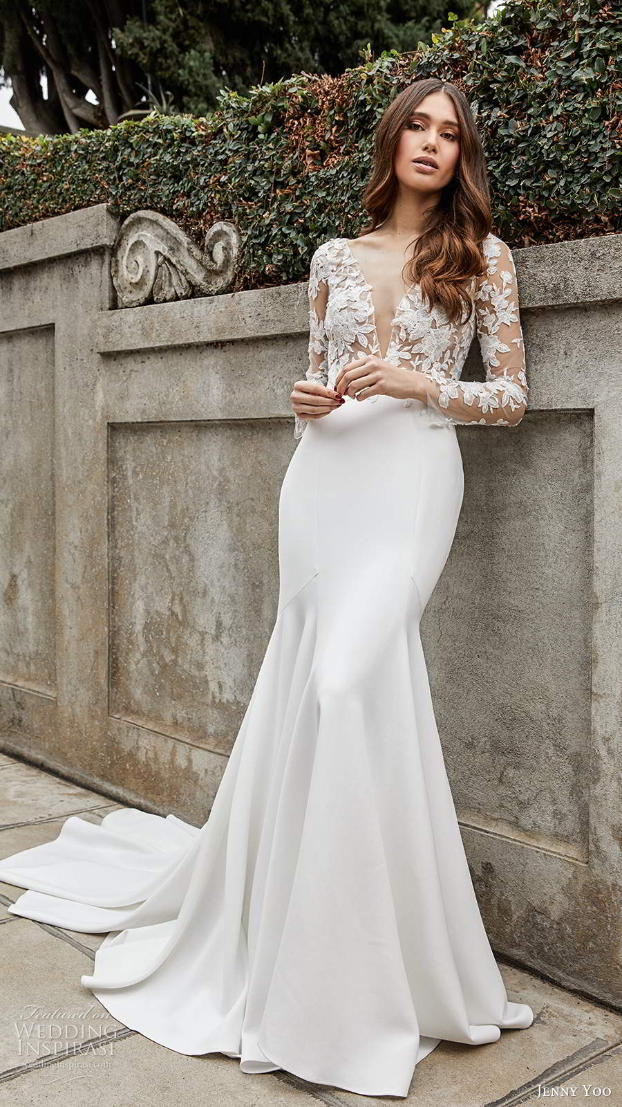 jenny yoo spring 2020 bridal illusion long sleeves plunging v neckline sheer embellished bodice clean skirt fit flare mermaid wedding dress chapel train (8) mv