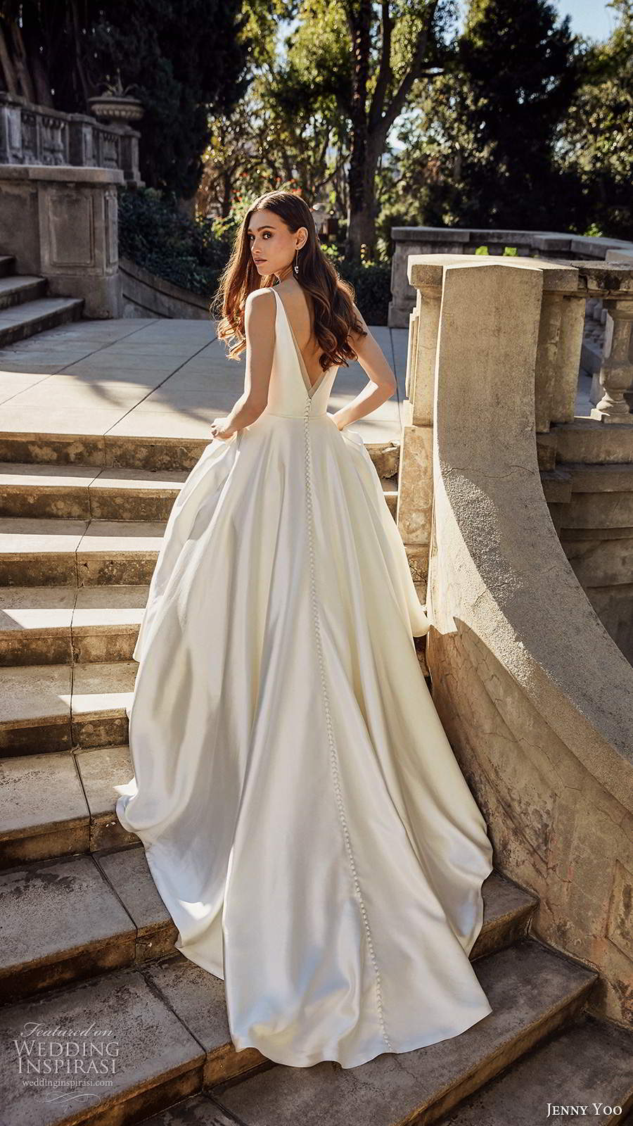 jenny yoo spring 2020 bridal sleeeless straps v neckline minimalist clean a line ball gown wedding dress v back chapel train (5) bv jenny yoo spring 2020 bridal sleeeless straps v neckline minimalist clean a line ball gown wedding dress v back chapel train (5) bv