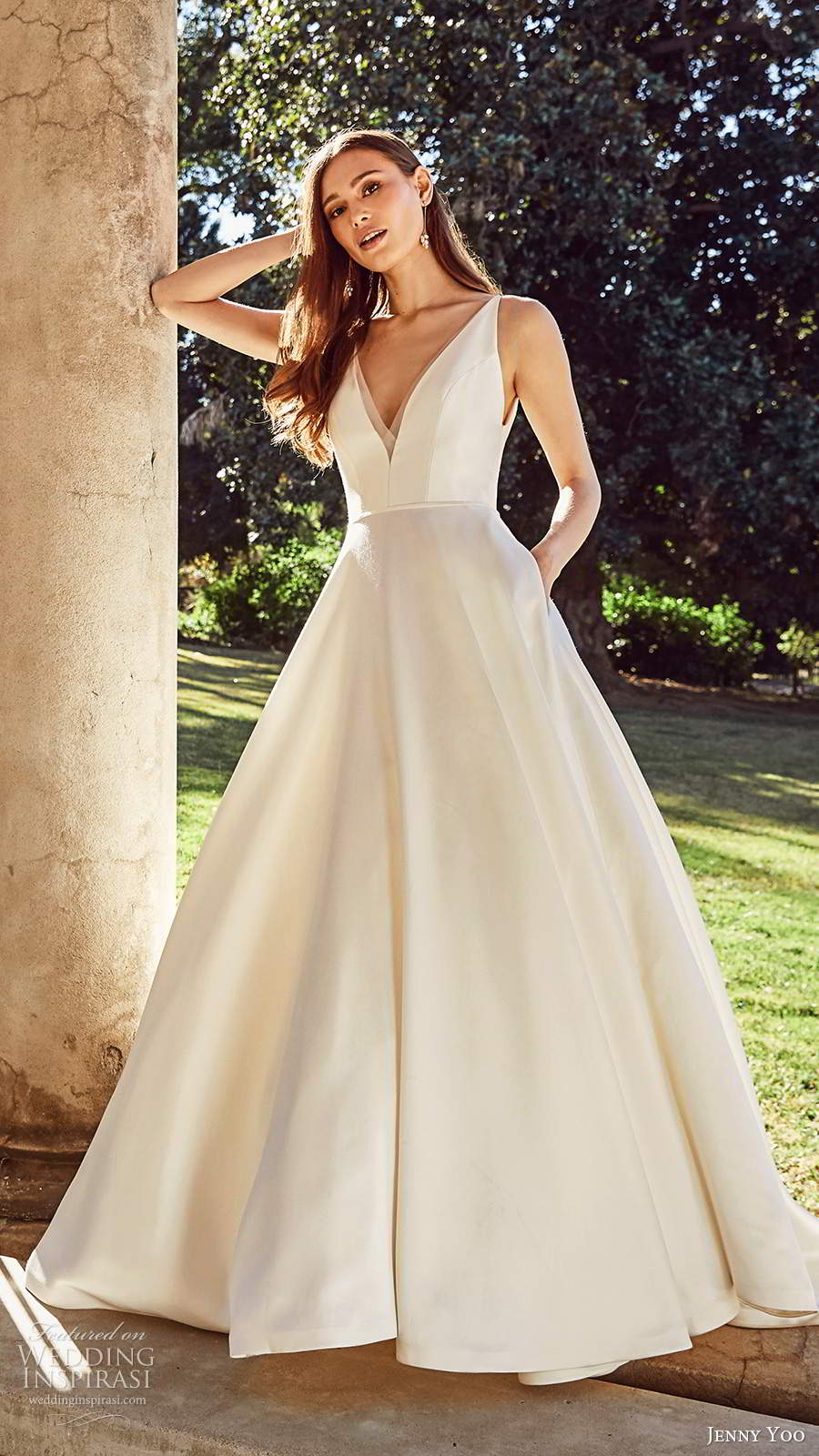 jenny yoo spring 2020 bridal sleeeless straps v neckline minimalist clean a line ball gown wedding dress v back chapel train (5) mv