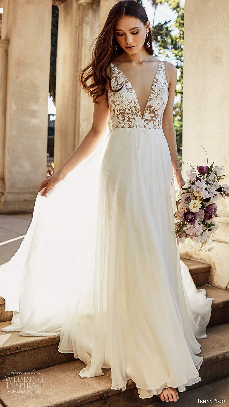 jenny yoo spring 2020 bridal sleeveless straps plunging v necklie embellished bodice clean skirt a line ball gown wedding dress chapel train (4) mv