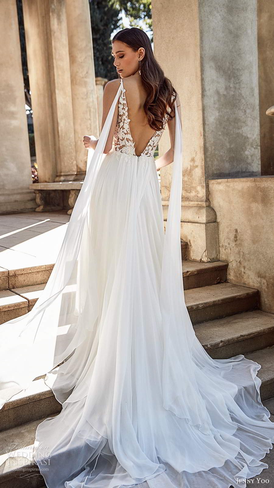 jenny yoo spring 2020 bridal sleeveless straps plunging v necklie embellished bodice clean skirt a line ball gown wedding dress v back chapel train (4) zv