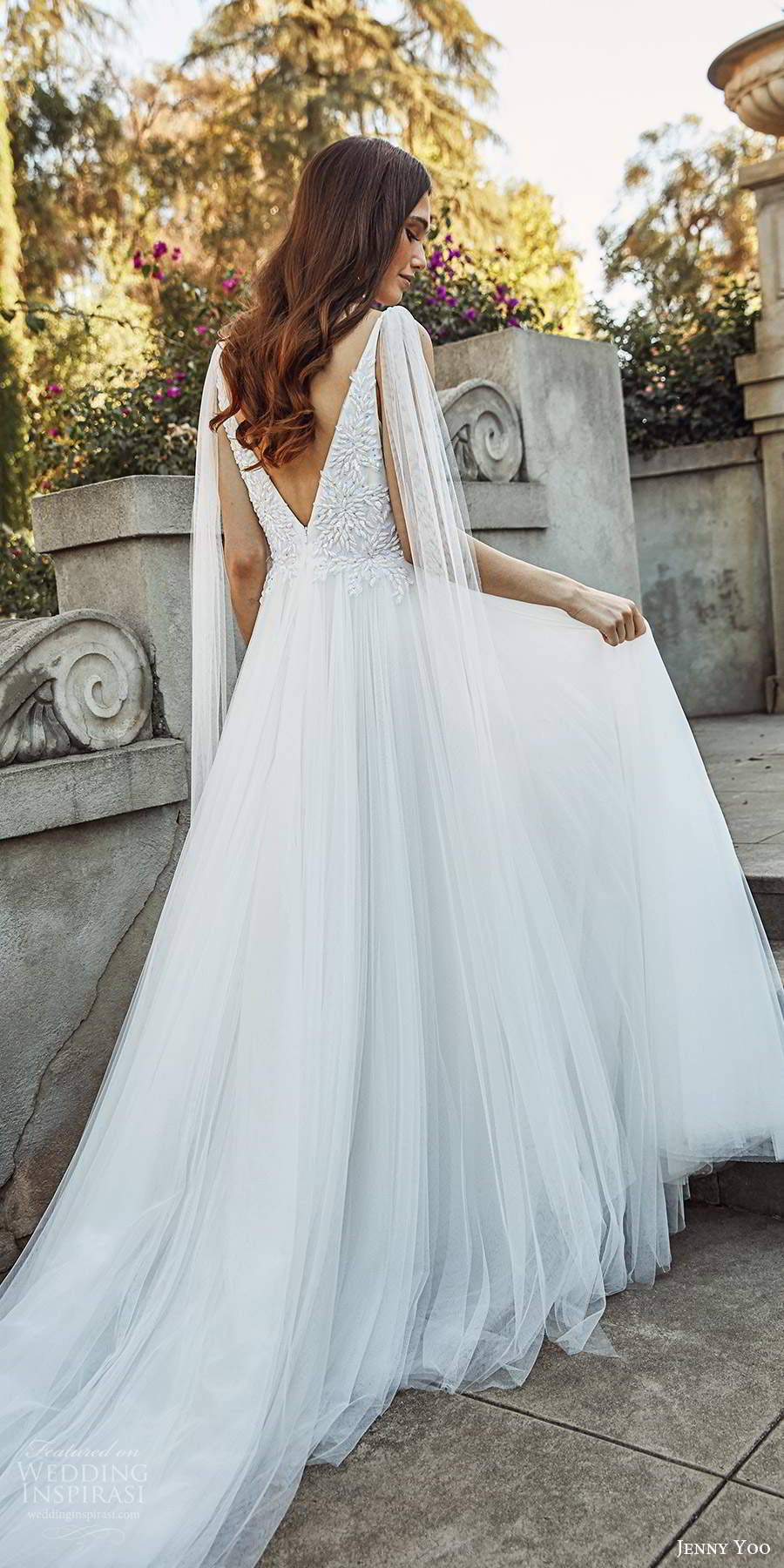 jenny yoo spring 2020 bridal sleeveless straps plunging v neckline embellished bodice a line ball gown wedding dress vback chapel train (1) bv