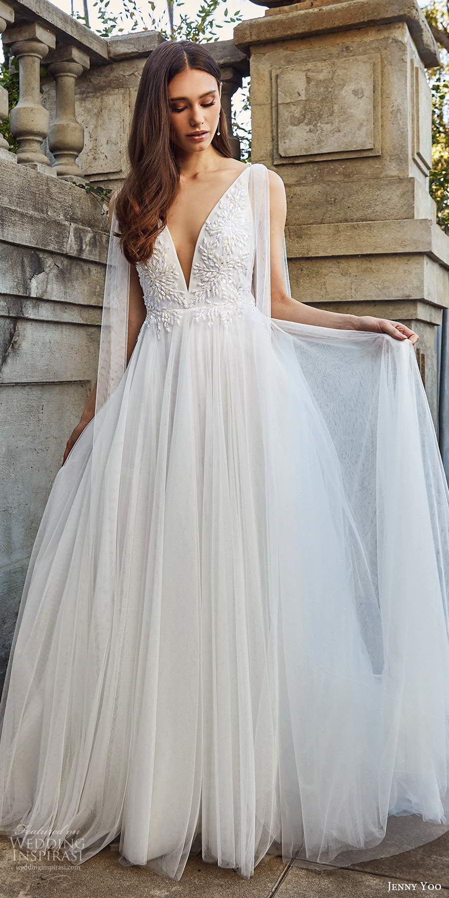 jenny yoo spring 2020 bridal sleeveless straps plunging v neckline embellished bodice a line ball gown wedding dress vback chapel train (1) mv jenny yoo spring 2020 bridal sleeveless straps plunging v neckline embellished bodice a line ball gown wedding dress vback chapel train (1) mv