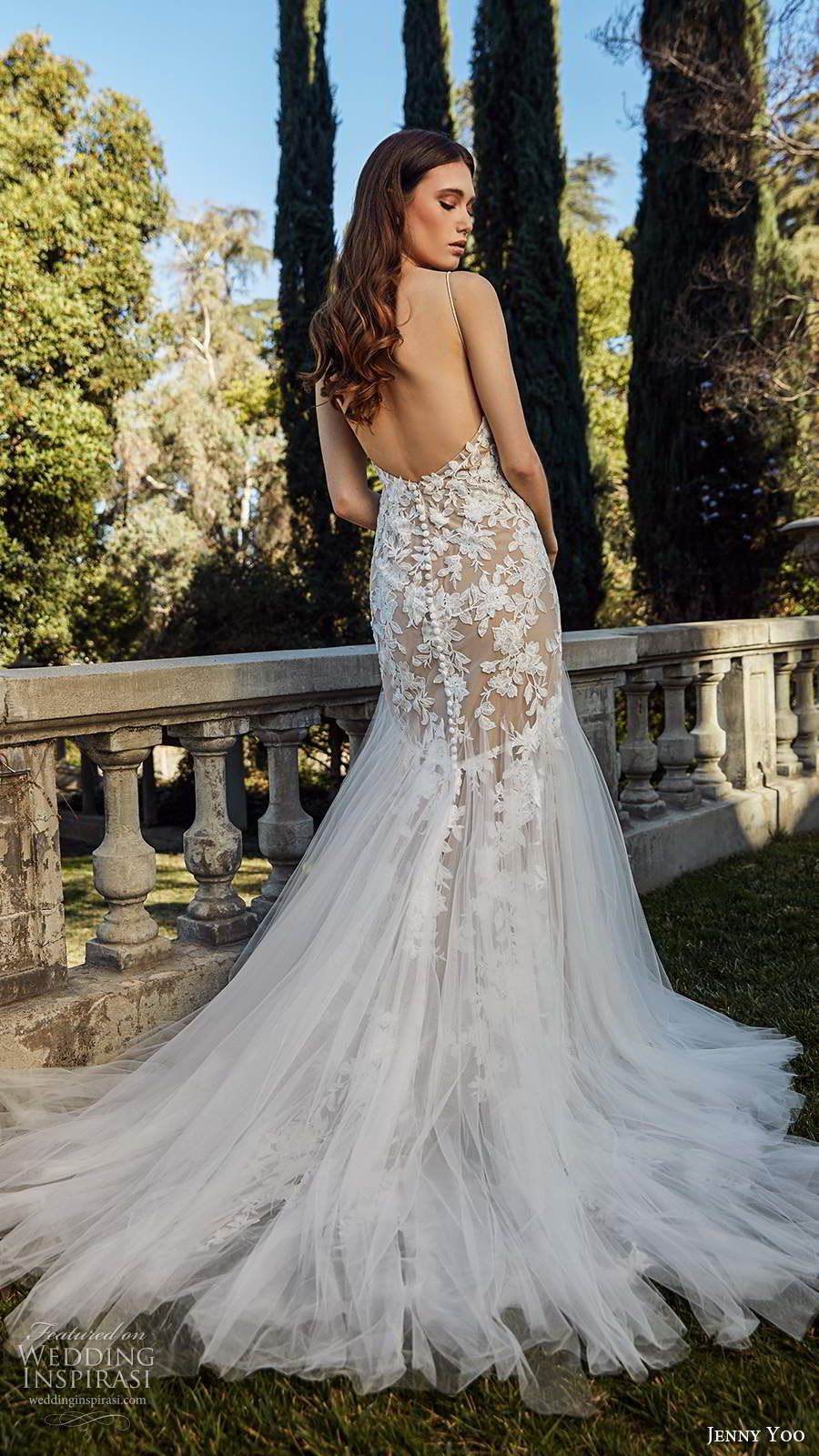 jenny yoo spring 2020 bridal sleeveless straps v neckline embellished bodice mermaid fit flare blush wedding dress chapel train (3) bv