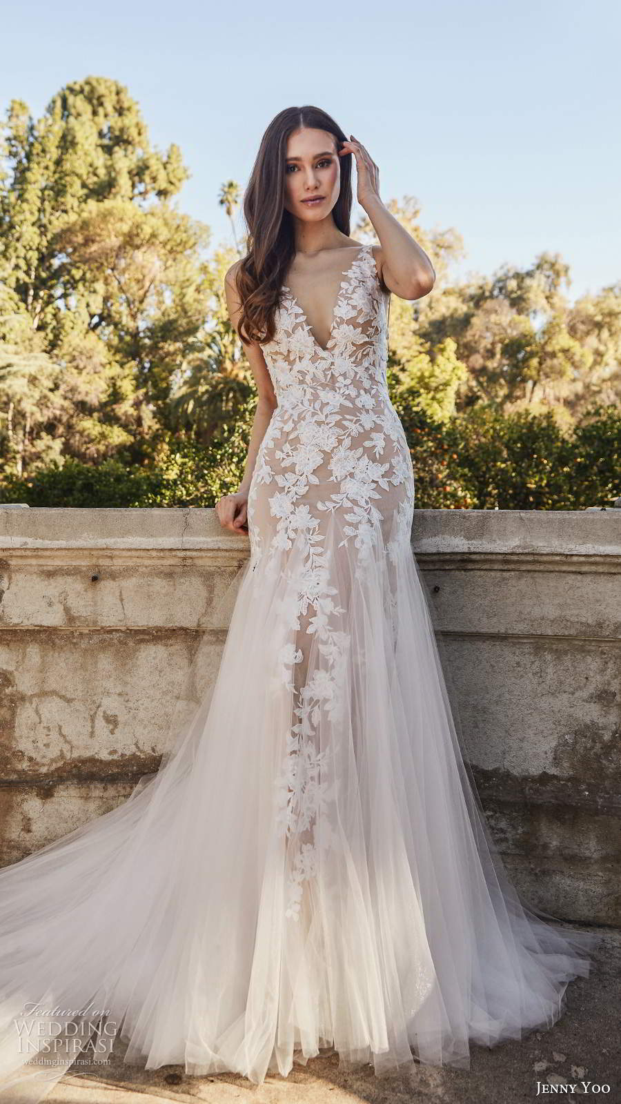 jenny yoo spring 2020 bridal sleeveless straps v neckline embellished bodice mermaid fit flare blush wedding dress chapel train (3) fv