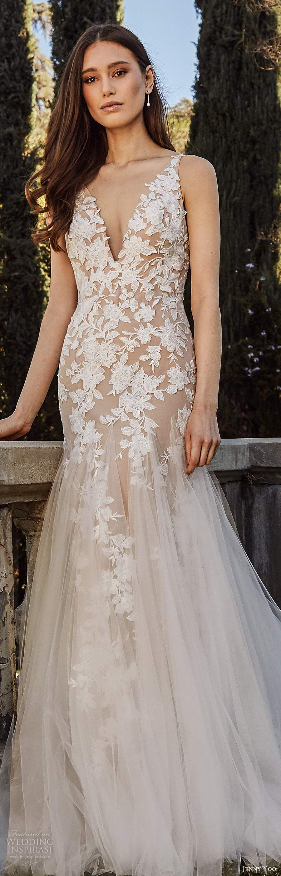 jenny yoo spring 2020 bridal sleeveless straps v neckline embellished bodice mermaid fit flare blush wedding dress chapel train (3) lv