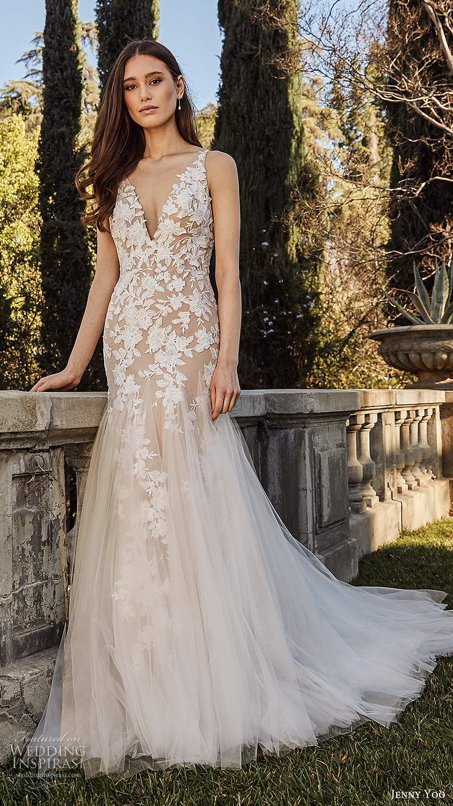 jenny yoo spring 2020 bridal sleeveless straps v neckline embellished bodice mermaid fit flare blush wedding dress chapel train (3) mv