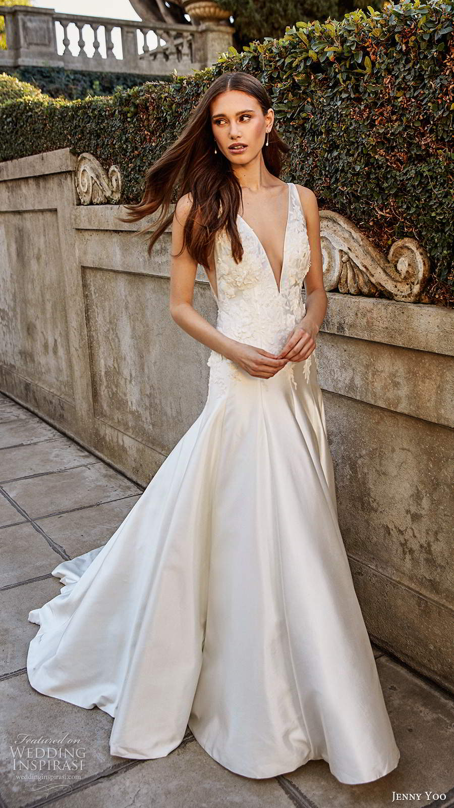 jenny yoo spring 2020 bridal sleeveless thick sleeves plunging v neckline clean minimalist drop waist fit flare mermaid wedding dress chapel train (7) fv