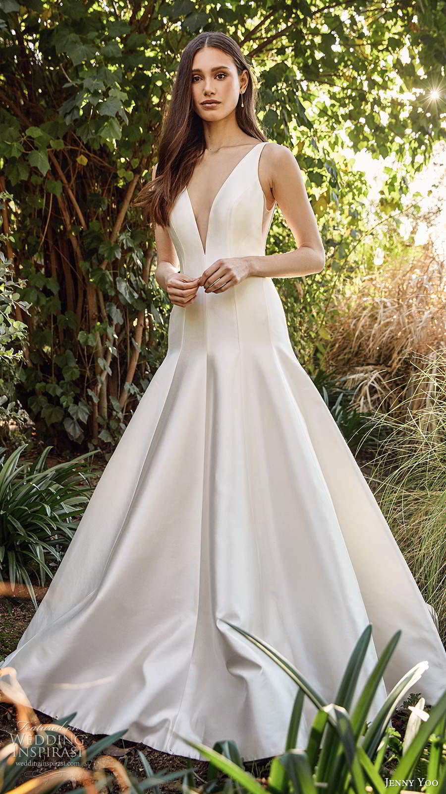 jenny yoo spring 2020 bridal sleeveless thick sleeves plunging v neckline clean minimalist drop waist fit flare mermaid wedding dress chapel train (7) mv