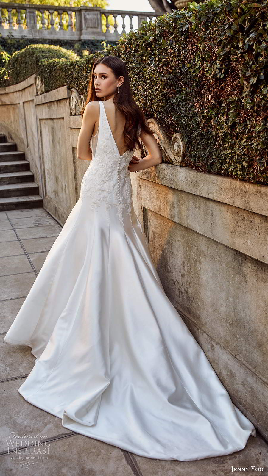 jenny yoo spring 2020 bridal sleeveless thick sleeves plunging v neckline clean minimalist drop waist fit flare mermaid wedding dress v back chapel train (7) bv