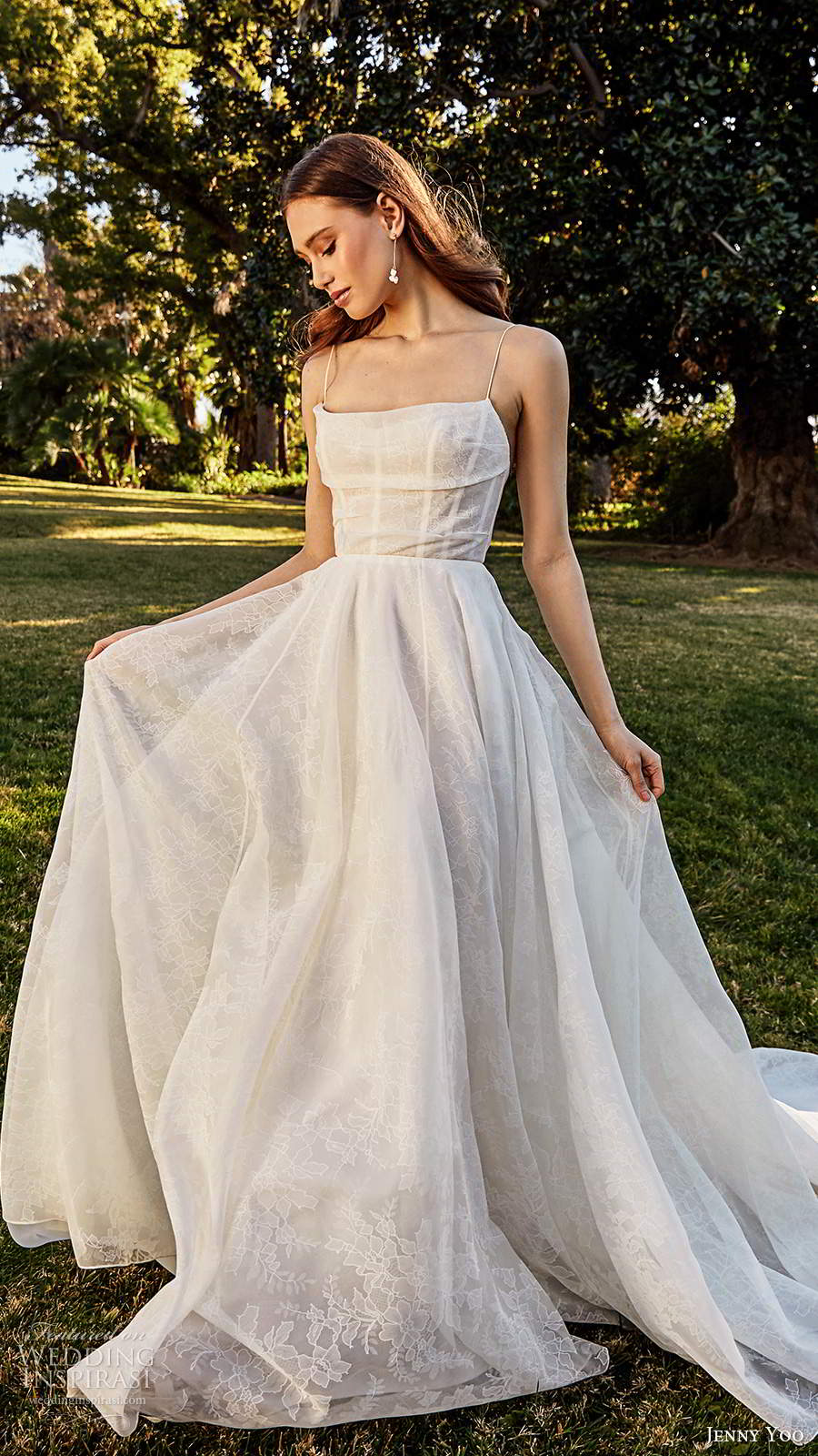 jenny yoo spring 2020 bridal sleeveless thin straps cowl straight neckline a line ball gown wedding dress pocket chapel train (6) fv