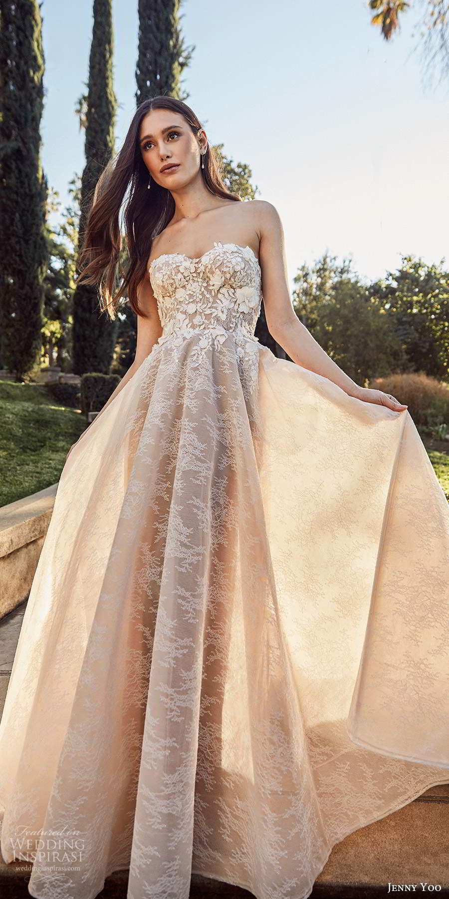 jenny yoo spring 2020 bridal strapless semi sweetheart neckline heavily embellished bodice a line ball gown wedding dress chapel train (2) mv