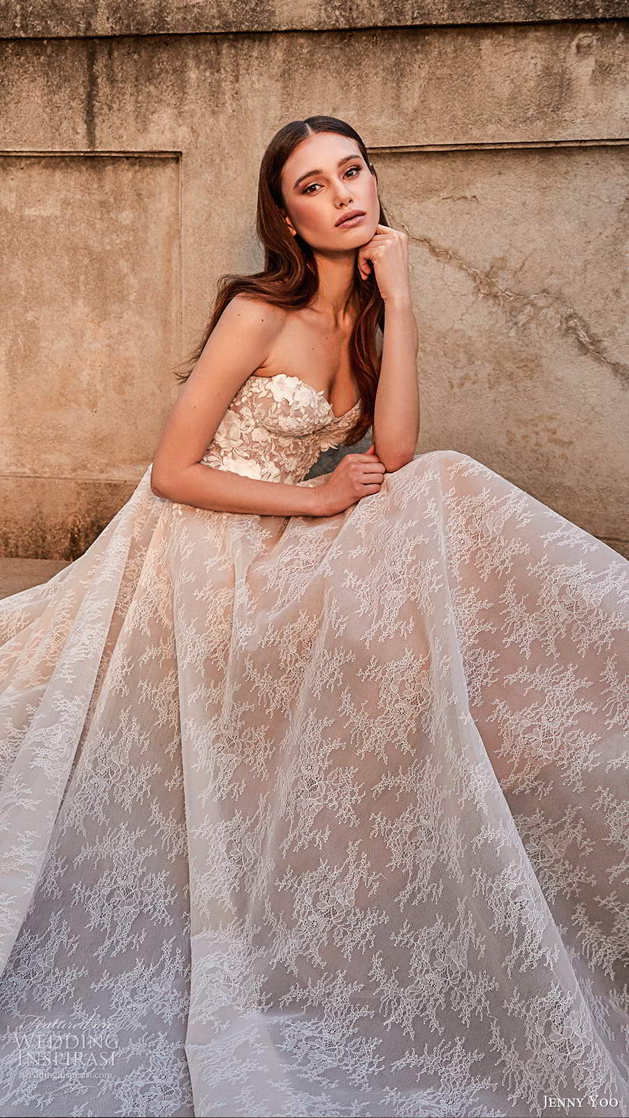 jenny yoo spring 2020 bridal strapless semi sweetheart neckline heavily embellished bodice a line ball gown wedding dress chapel train (2) zv