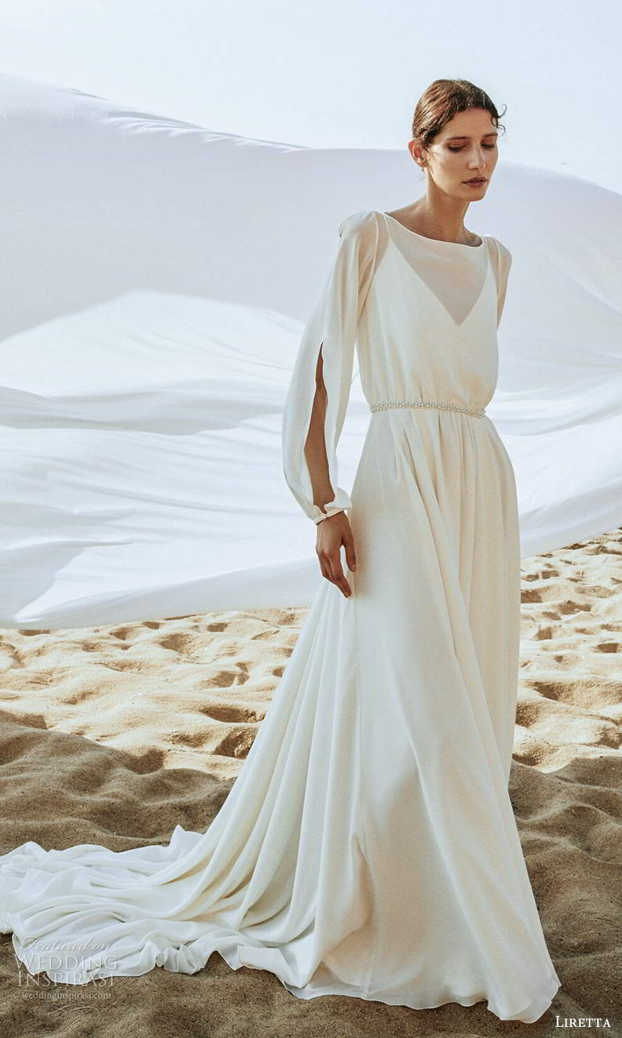 liretta 2020 bridal long split sleeves bateau neckline minimalist clean a line ball gown wedding dress chapel train (12) mv