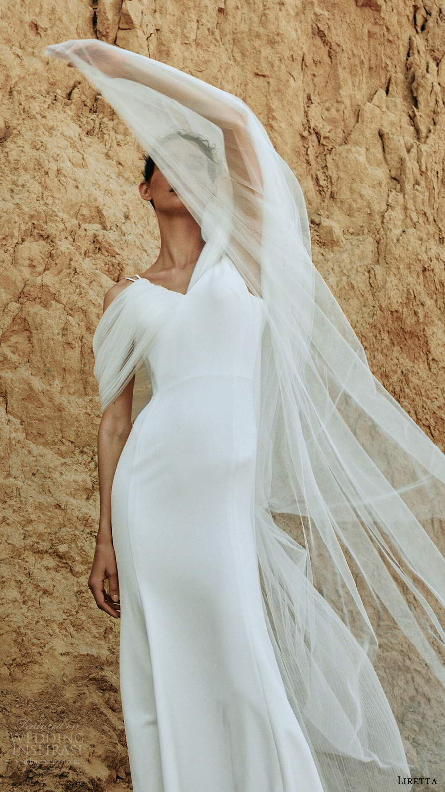 liretta 2020 bridal off shoulder ruched thick straps v neckline clean minimalist sheath wedding dress (9) mv