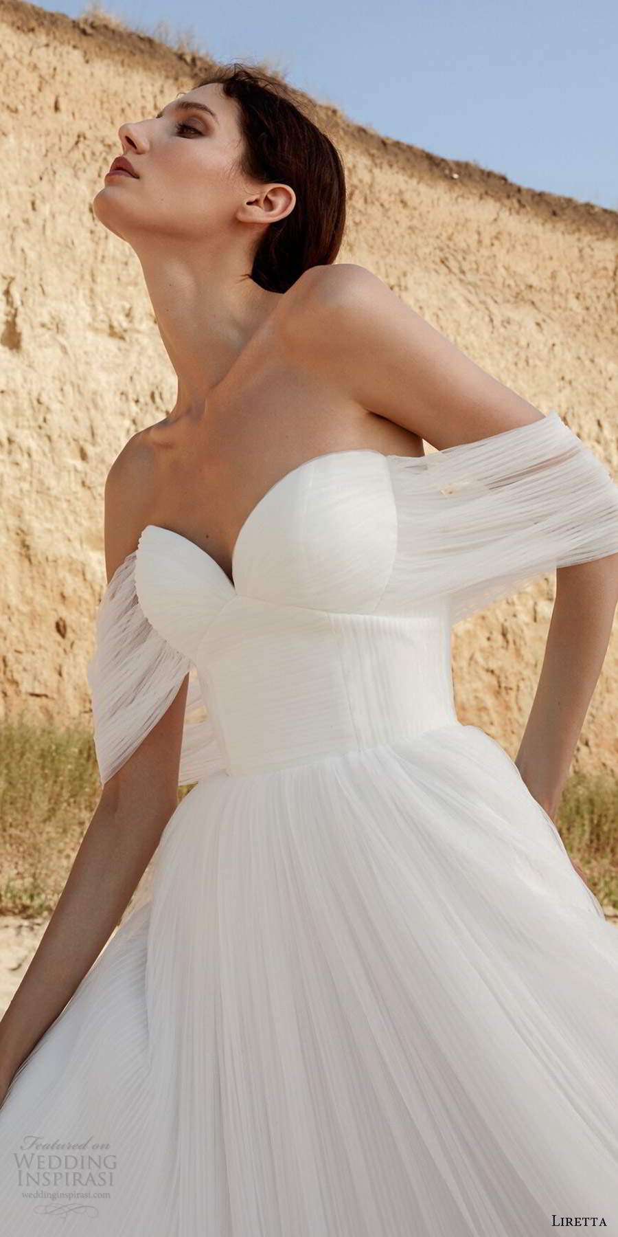 liretta 2020 bridal off shoulder thick straps sweetheart neckline ruched bodice a line ball gown wedding dress chapel train (3) zv